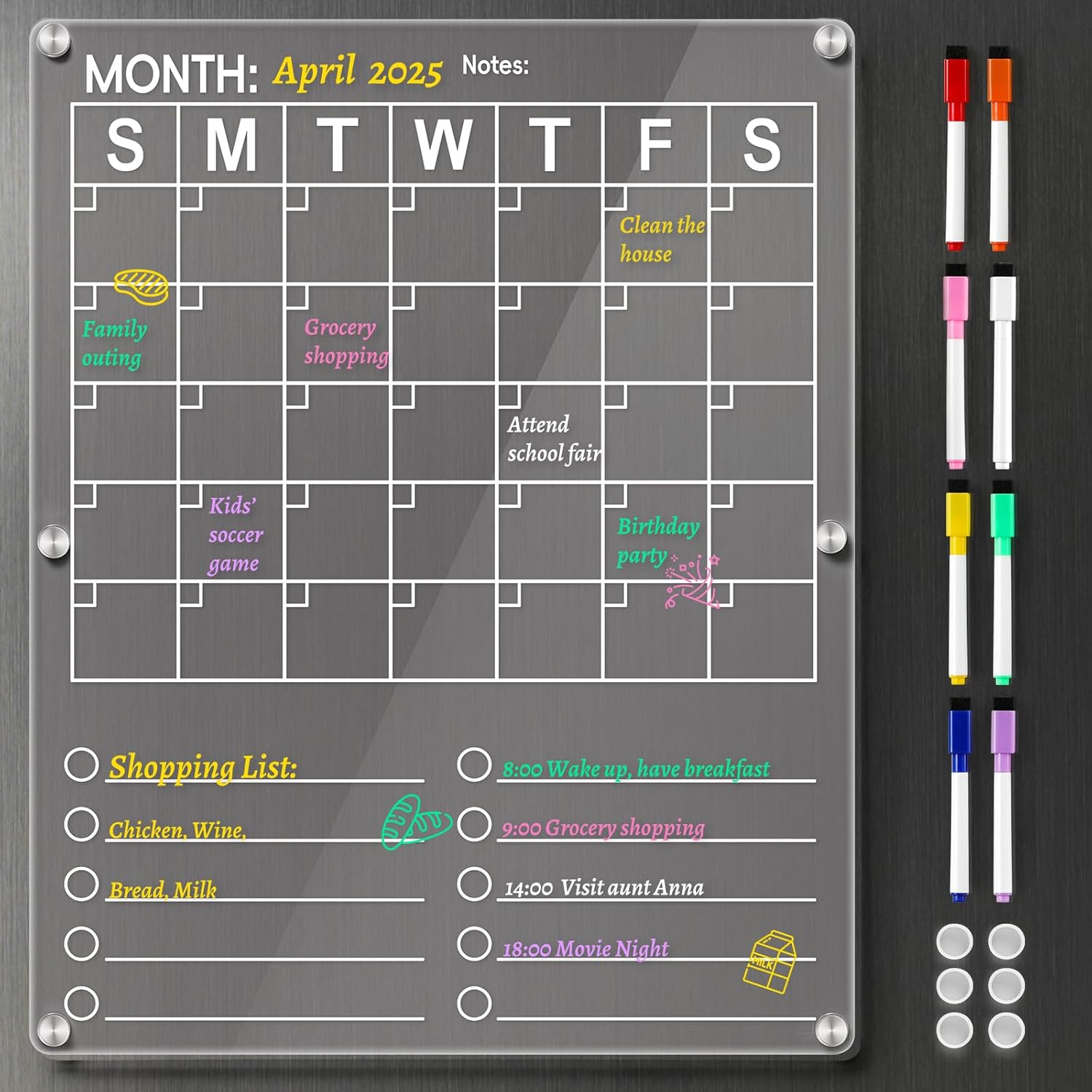 Large Acrylic Magnetic Calendar for Refrigerator, 2in1 Clear Fridge Calendar, Monthly Planning Board with to Do List, Businees Meetings/Grocery 8 Color Markers -14.5''*11.5'' -