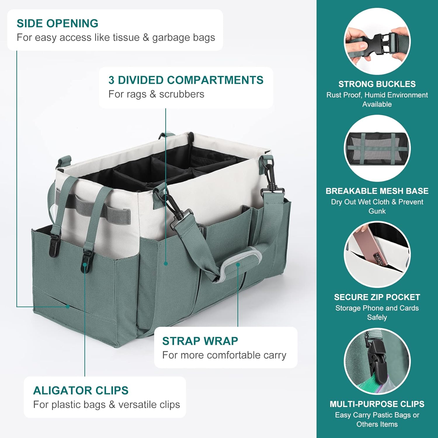 Cleaning Caddy Organizer with Handle, Wearable Bag for Supplies, Tote Shoulder and Waist Straps, Under Sink Tool Multiple Compartments Large QJB-BLS -