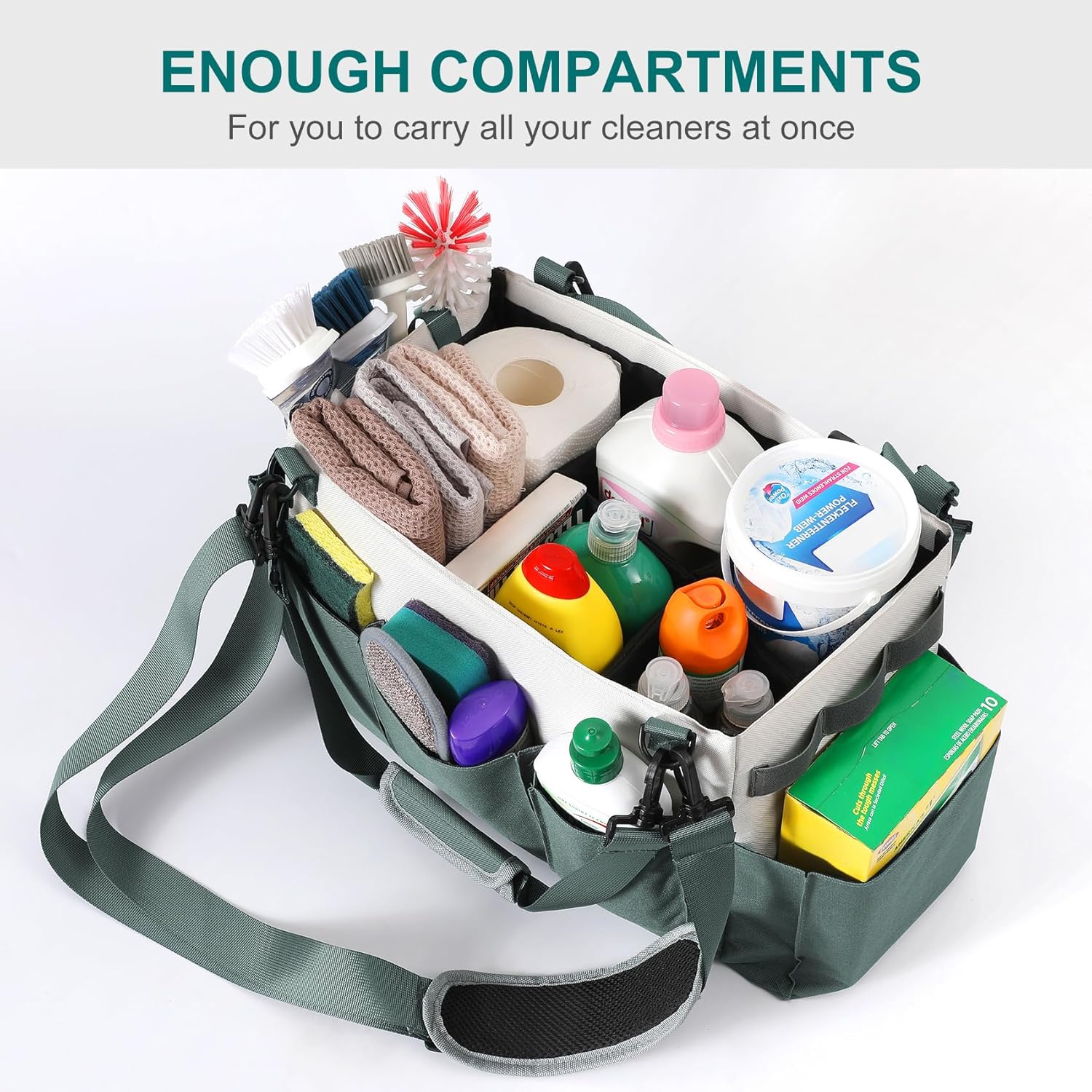 Cleaning Caddy Organizer with Handle, Wearable Bag for Supplies, Tote Shoulder and Waist Straps, Under Sink Tool Multiple Compartments Large QJB-BLS -