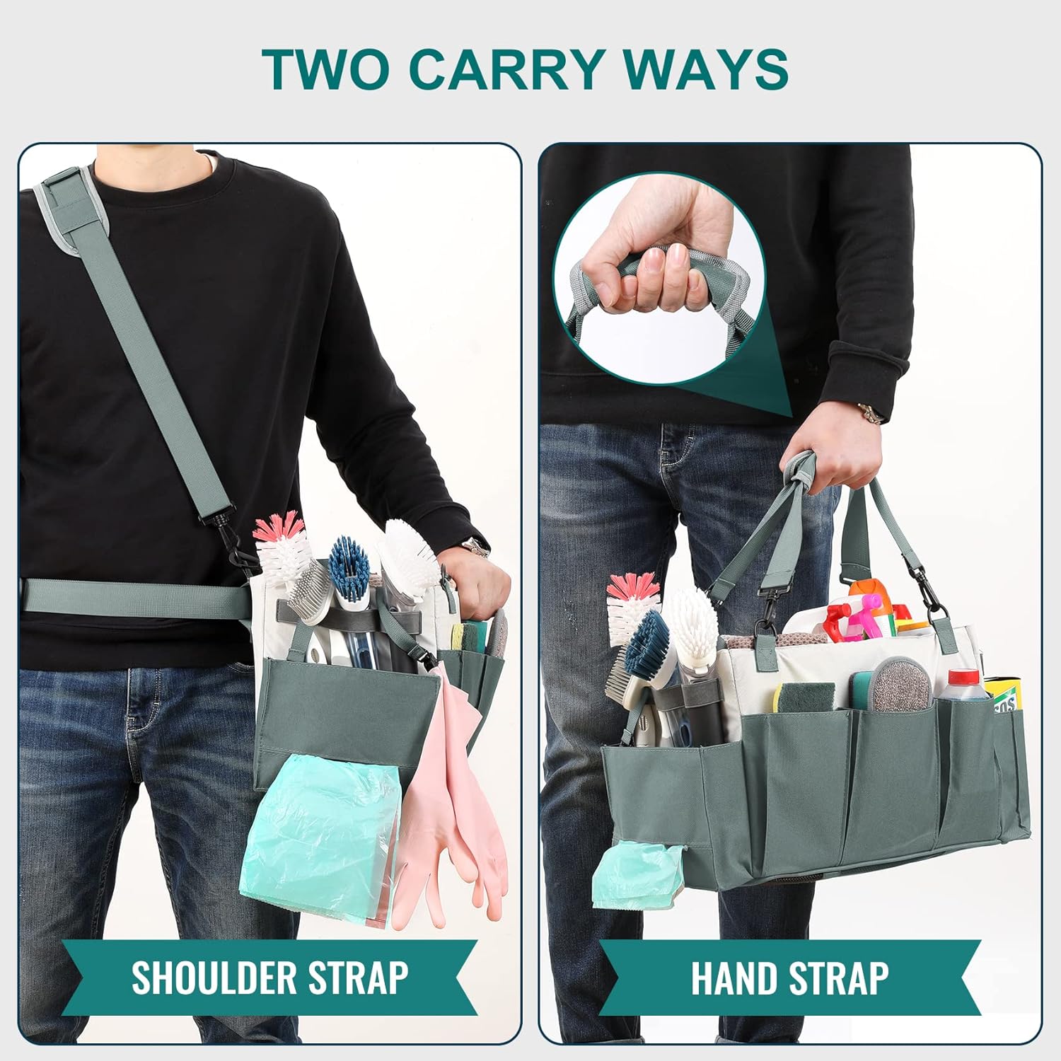 Cleaning Caddy Organizer with Handle, Wearable Bag for Supplies, Tote Shoulder and Waist Straps, Under Sink Tool Multiple Compartments Large QJB-BLS -