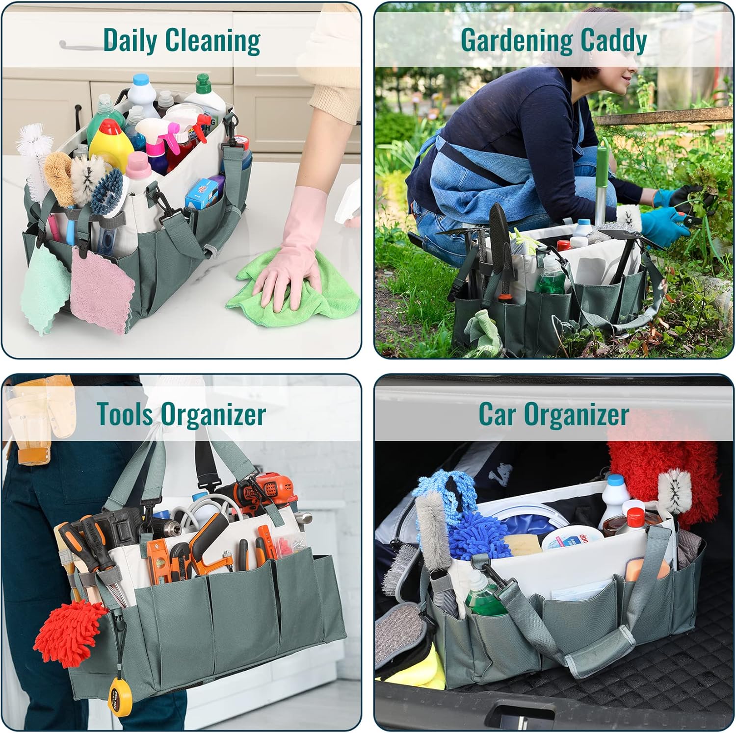 Cleaning Caddy Organizer with Handle, Wearable Bag for Supplies, Tote Shoulder and Waist Straps, Under Sink Tool Multiple Compartments Large QJB-BLS -