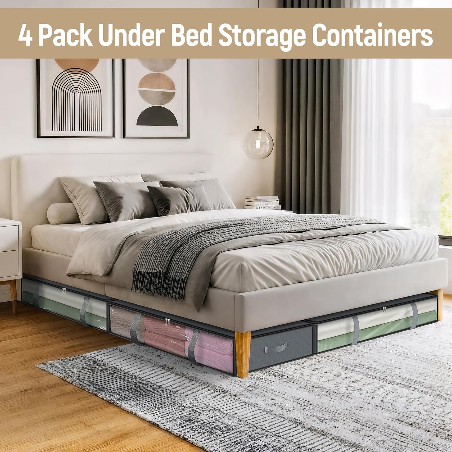 4 Pack 90L Under Bed Storage Containers - Underbed for Clothes, Blankets Closet Organizers and Bags the Bins with Handles & Clear Front