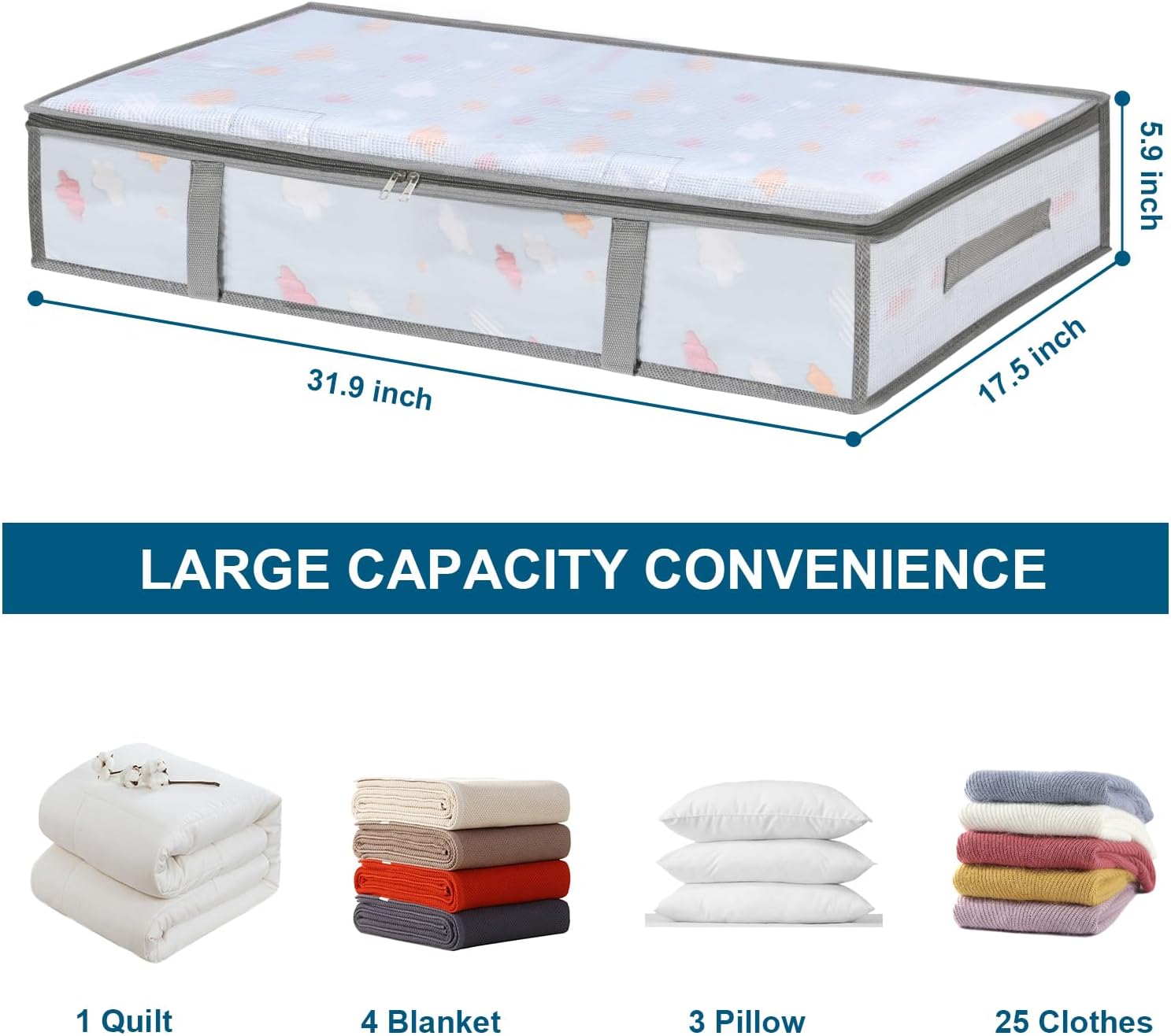 4 Packs Under Bed Storage Containers Bins-55L, 2 Pack Clear Garment Bags-40'' Long -
