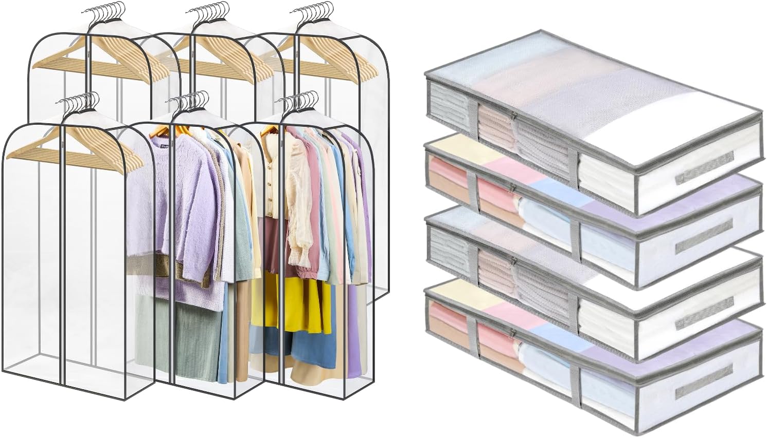 4 Packs Under Bed Storage Containers Bins-55L, 6 Pack Clear Garment Bags-40'' Long -
