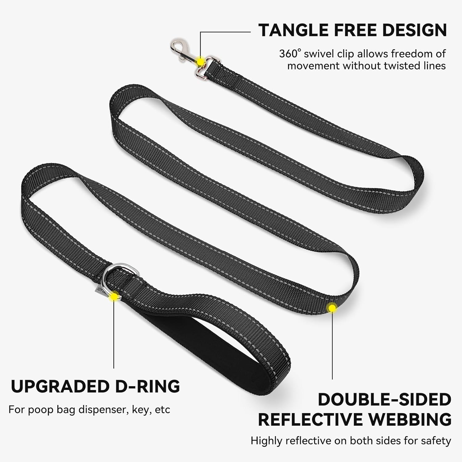 Dog Leash, 6 FT Double-Sided Reflective, Padded Handle Nylon Heavy Duty Leashes for Medium & Large Dogs Walking, Black ft Standard