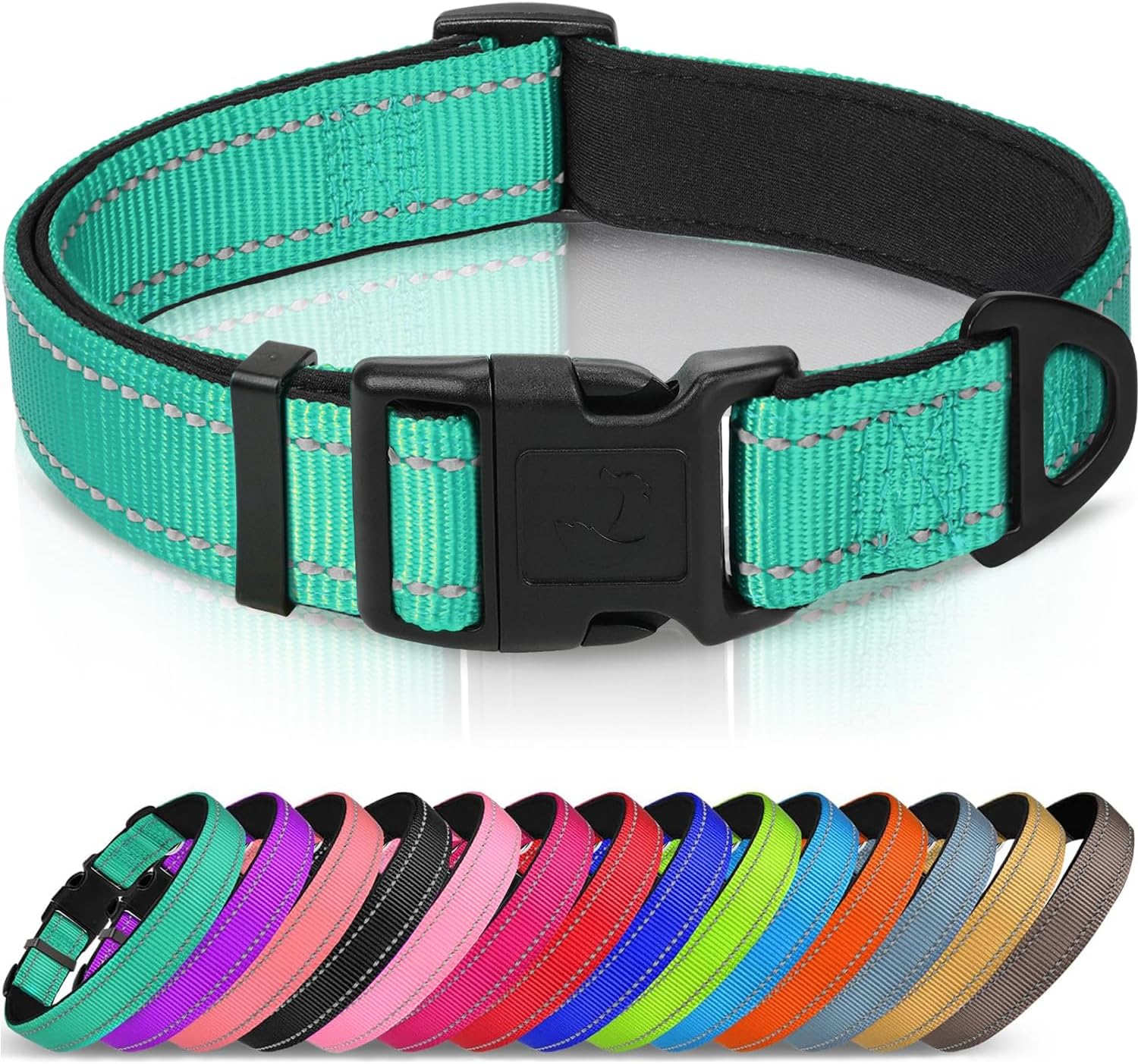 Reflective Dog Collar, Soft Neoprene Padded, Metal D-Ring, Nylon Pet Collar Adjustable for Large Dogs, Teal, L Teal Pack of 1