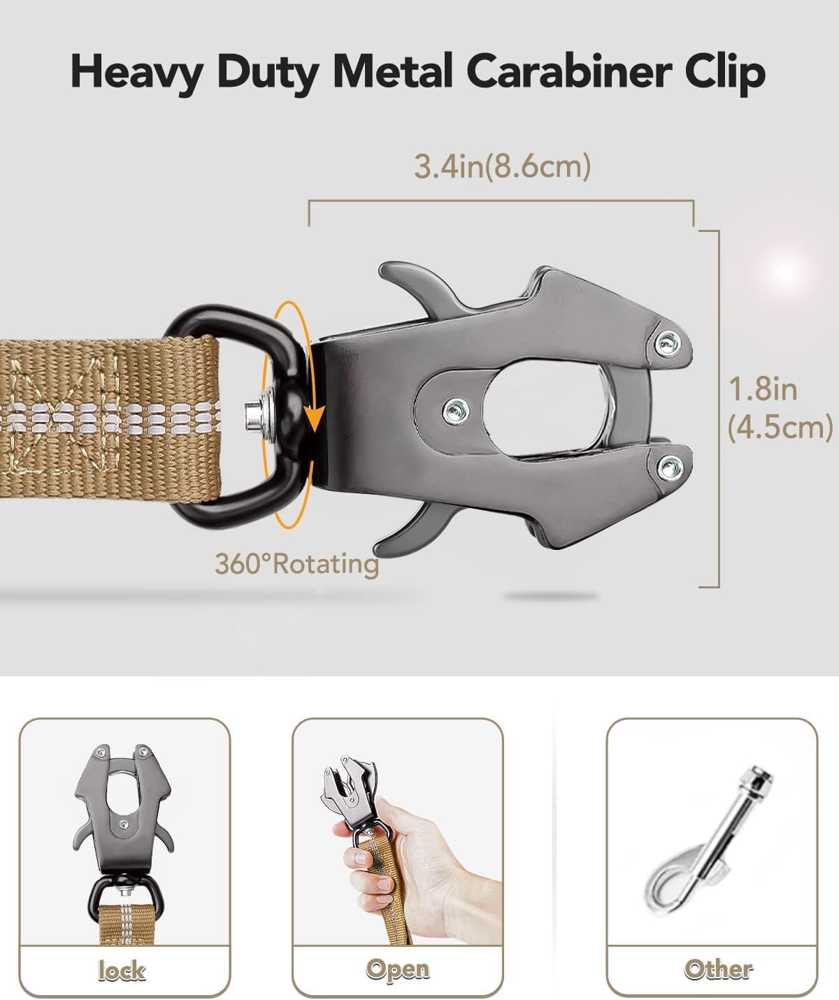 Tactical Dog Leash Heavy Duty, 4-6FT Shock Absorbing Bungee Lead with 2 Padded Handle, Metal Carabiner Clip, Car Seatbelt, Strong No Pull for Medium Large X-Large Dogs, Coyote Brown -