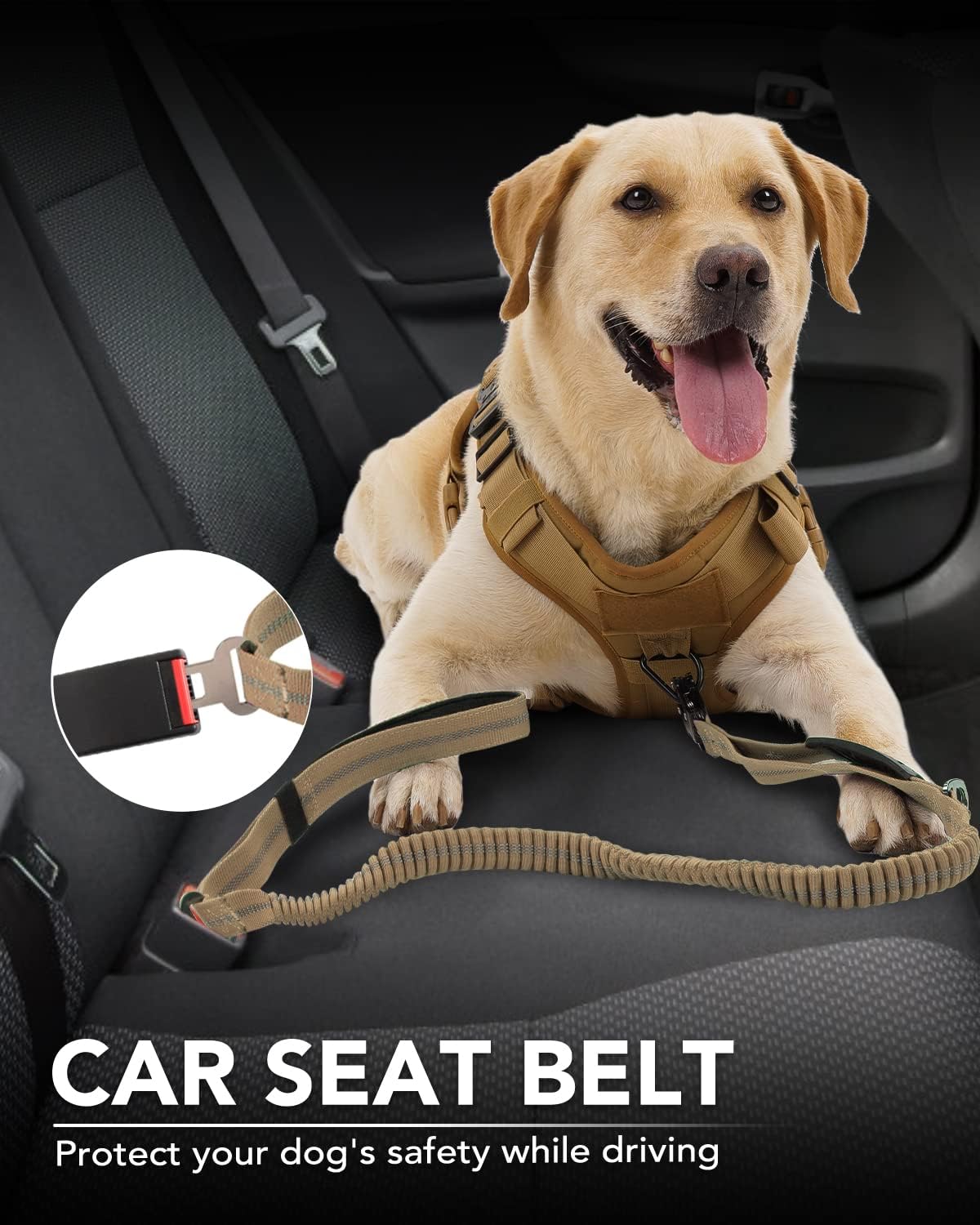 Tactical Dog Leash Heavy Duty, 4-6FT Shock Absorbing Bungee Lead with 2 Padded Handle, Metal Carabiner Clip, Car Seatbelt, Strong No Pull for Medium Large X-Large Dogs, Coyote Brown -