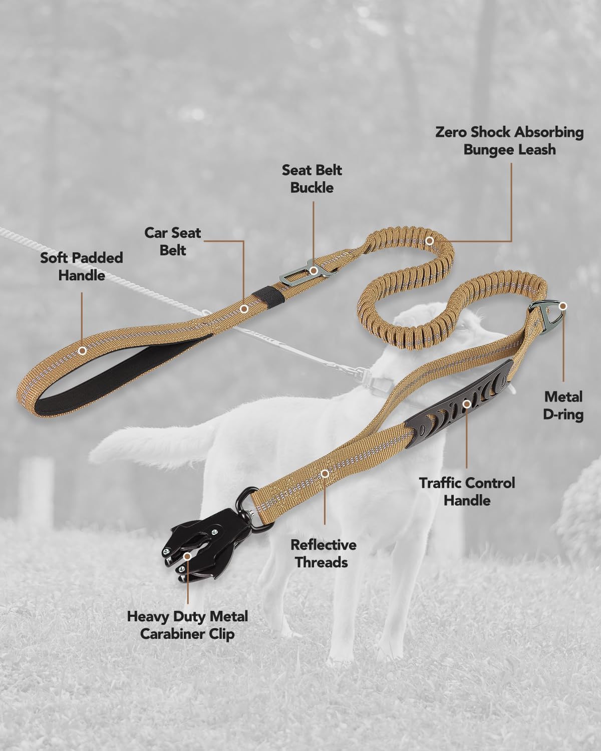 Tactical Dog Leash Heavy Duty, 4-6FT Shock Absorbing Bungee Lead with 2 Padded Handle, Metal Carabiner Clip, Car Seatbelt, Strong No Pull for Medium Large X-Large Dogs, Coyote Brown -