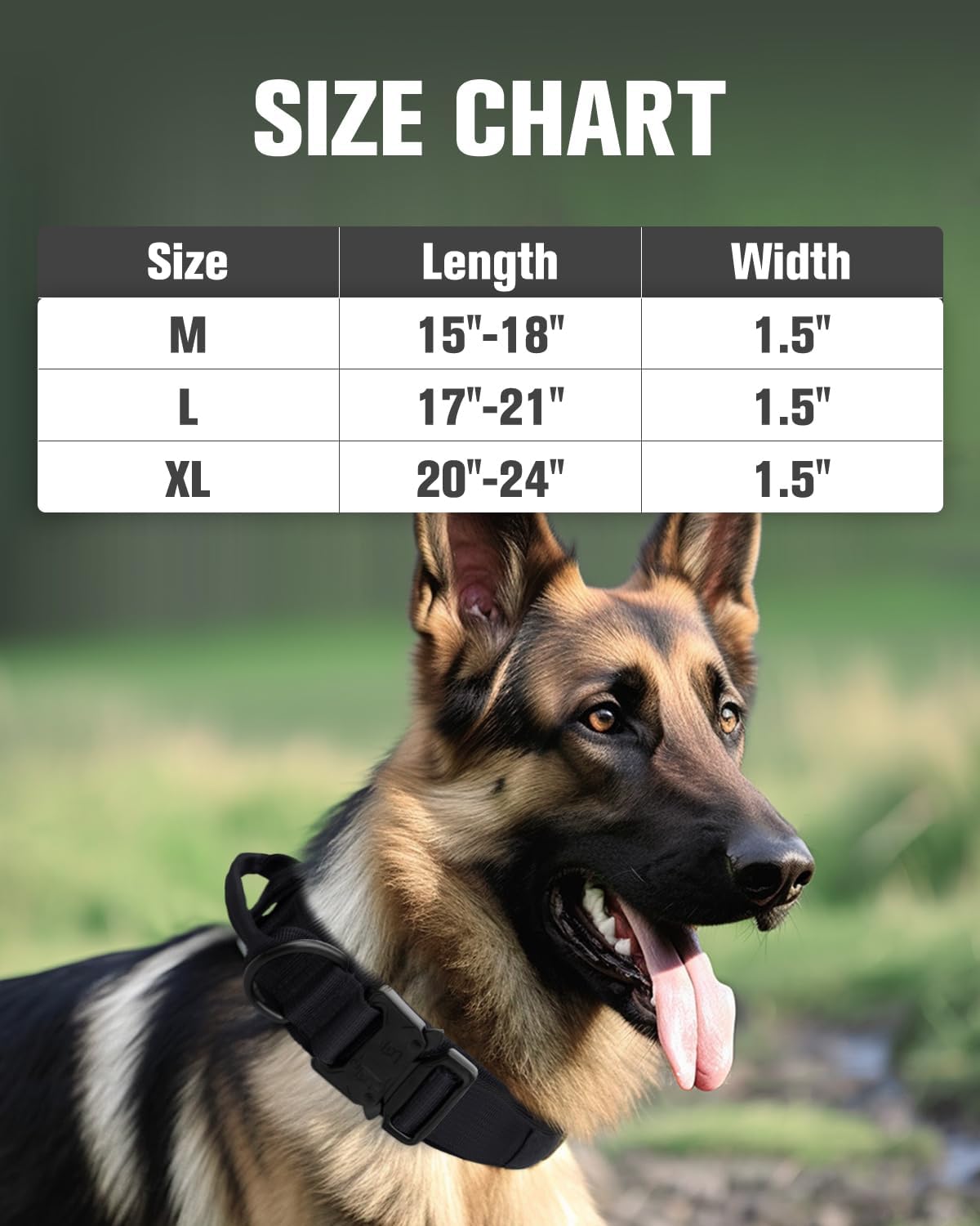 Tactical Dog Collar with Handle and Metal Buckle, Heavy Duty Padded Military 2 Patches for Training, Adjustable Large Dogs, Black, L Black