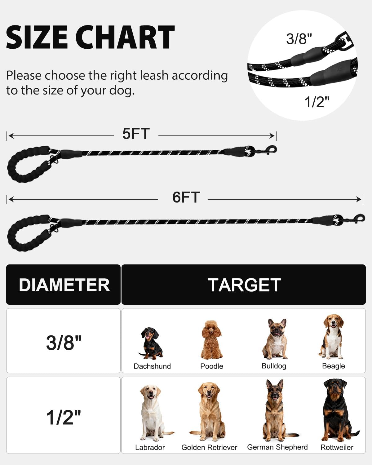 Dog Leash for Large Dogs, Heavy Duty Nylon Leashes with Comfortable Padded Handle and Highly Reflective Threads, Ideal Walking Training, Black, 6'×1/2'' Black 6FT×1/2'' 20 120 lbs