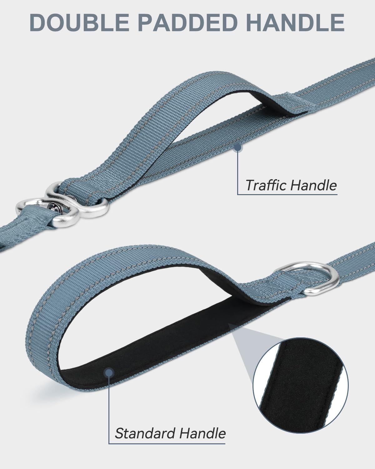 Tangle-Free Slip Leads for Dogs, 6 FT Leash with Padded Double Handle, Reflective Nylon Training Small Medium Dogs 15-40 Lbs, Gray Feet 15-40lbs