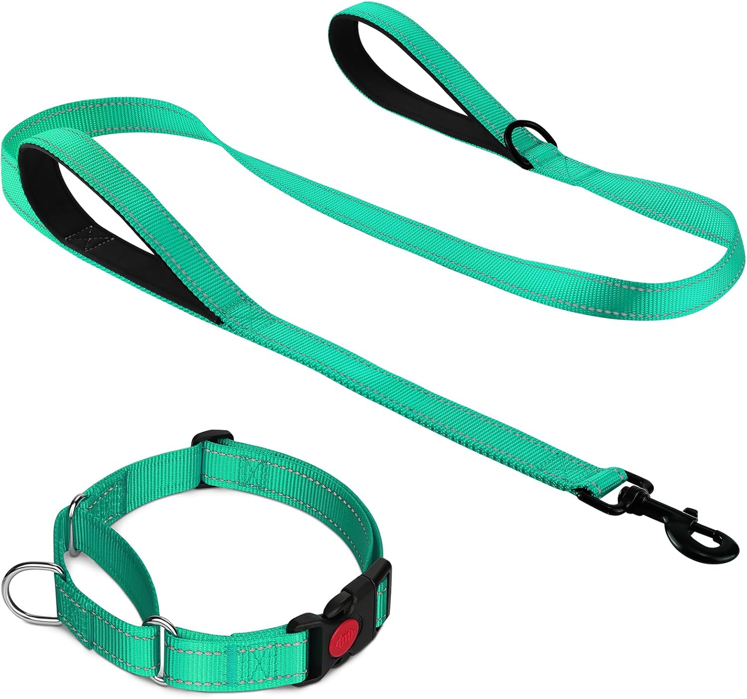 Martingale Dog Collar 12.5-16'' , 6FT Double Handle Leash for Training, Teal -