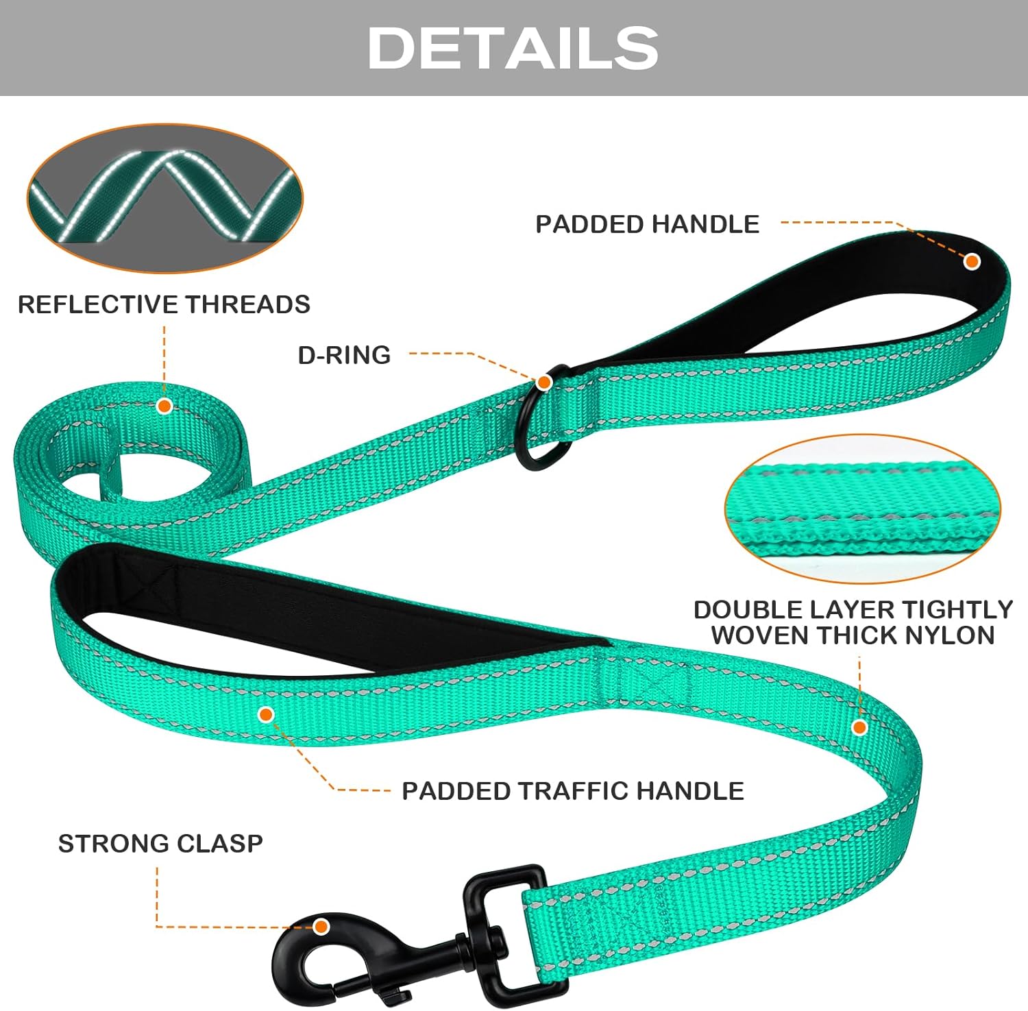 Martingale Dog Collar 12.5-16'' , 6FT Double Handle Leash for Training, Teal -
