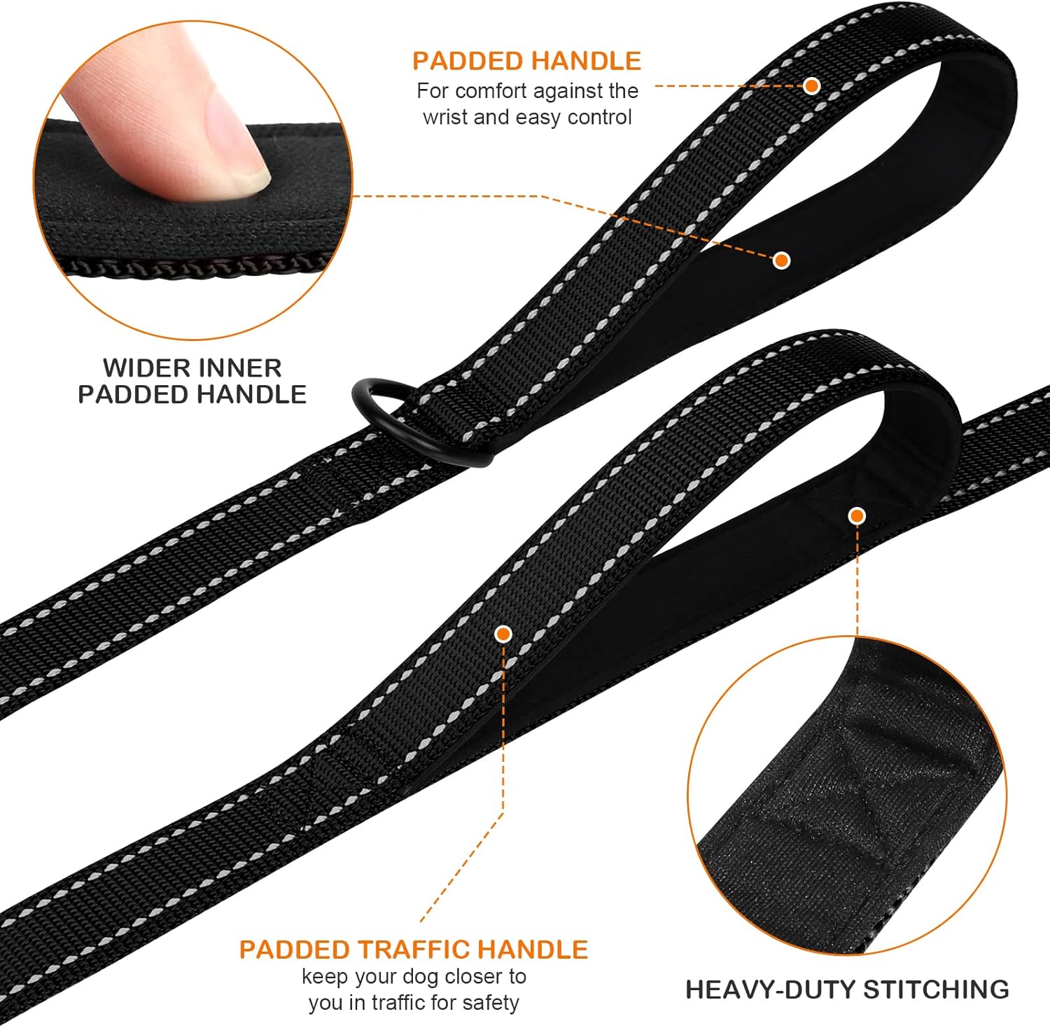 Martingale Dog Collar 12.5-16'' , 6FT Double Handle Leash for Training, Black -