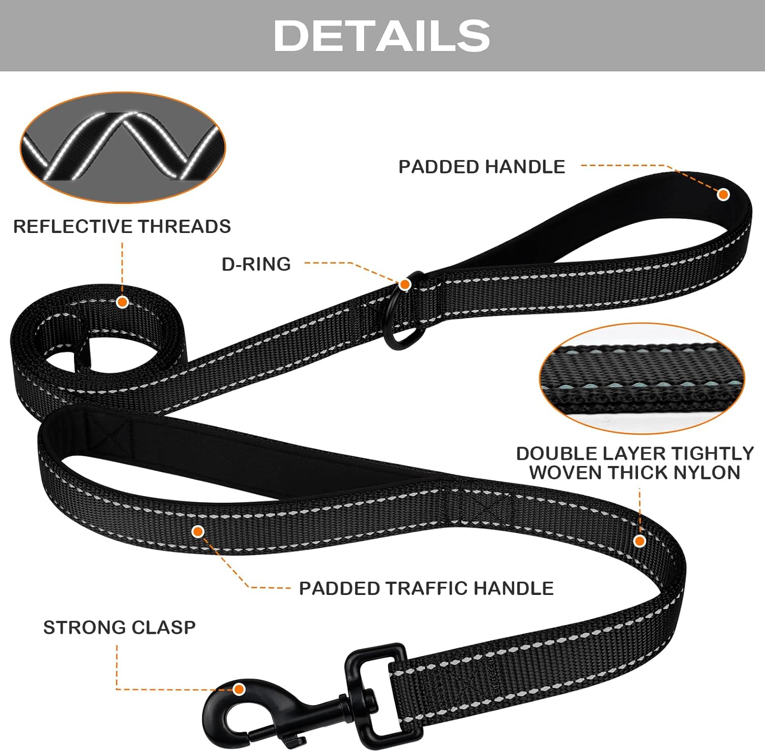 Martingale Dog Collar 12.5-16'' , 6FT Double Handle Leash for Training, Black -