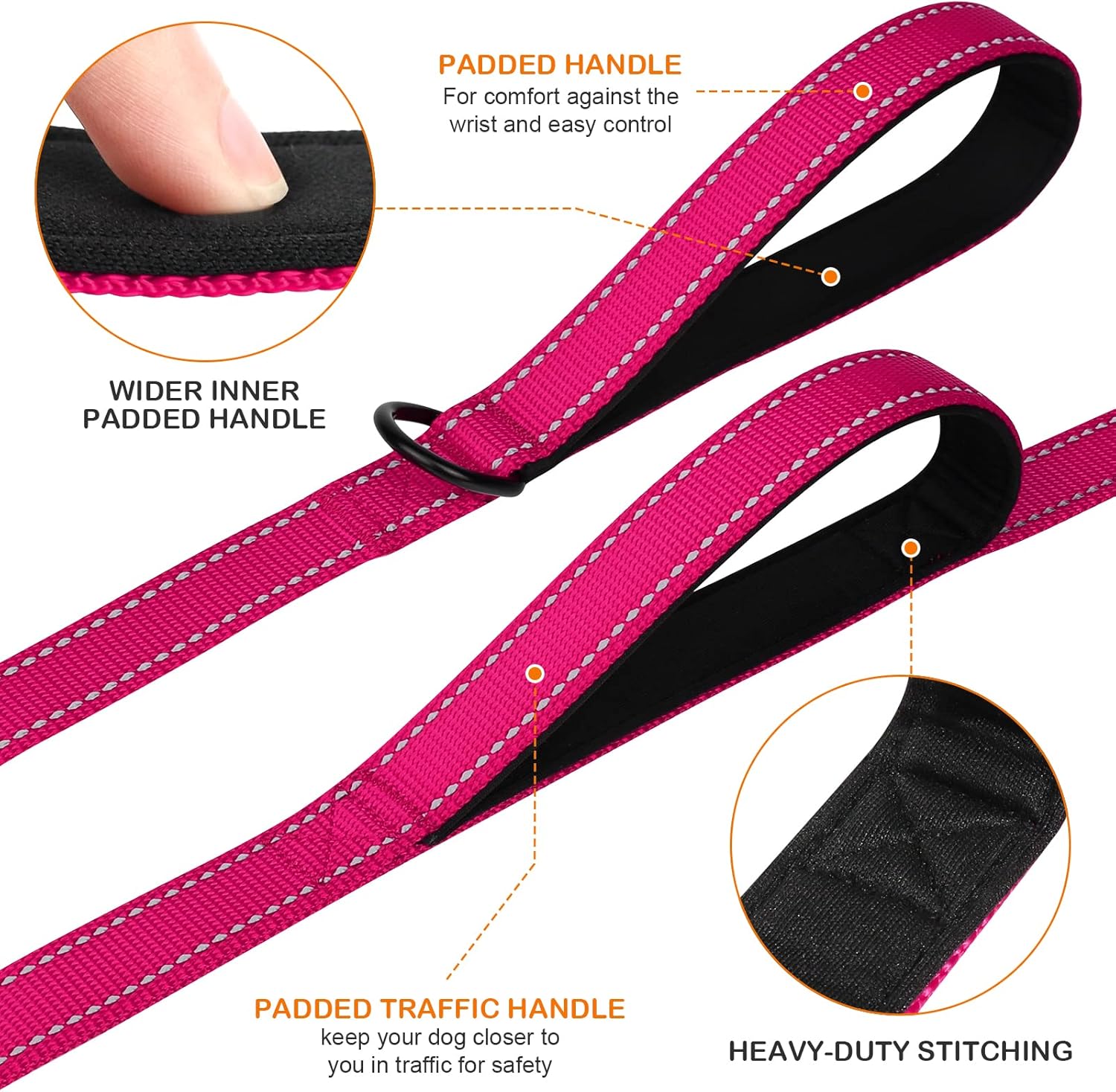 Martingale Dog Collar 16-20" , 6FT Double Handle Leash for Training, Hotpink -
