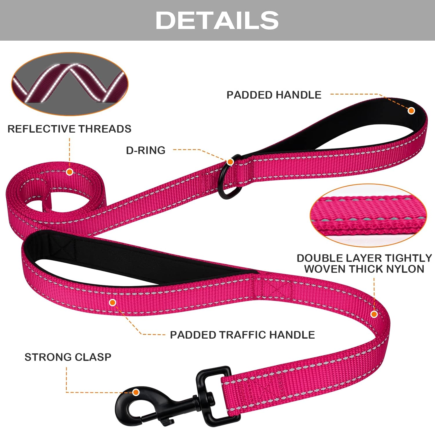 Martingale Dog Collar 16-20" , 6FT Double Handle Leash for Training, Hotpink -