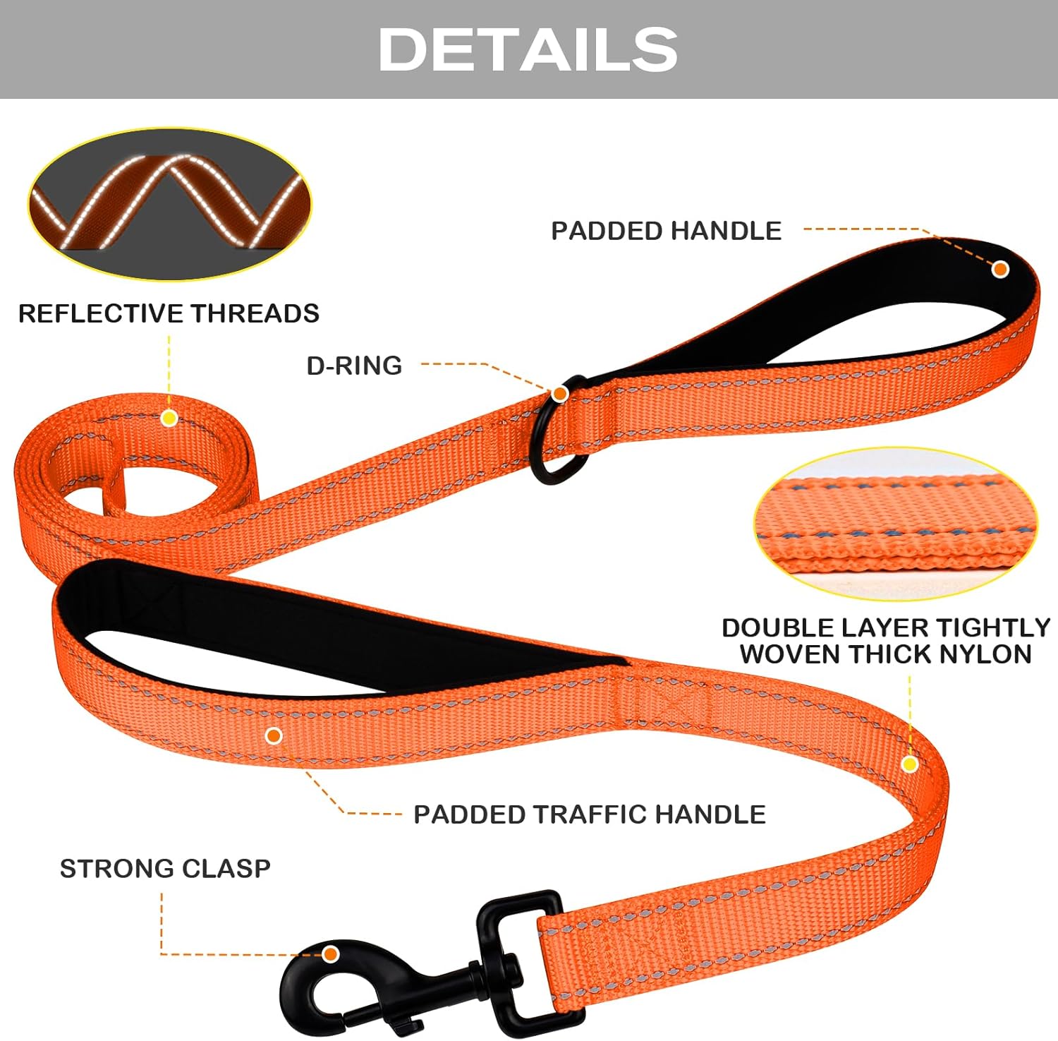 Martingale Dog Collar 16-20" , 6FT Double Handle Leash for Training, Orange -