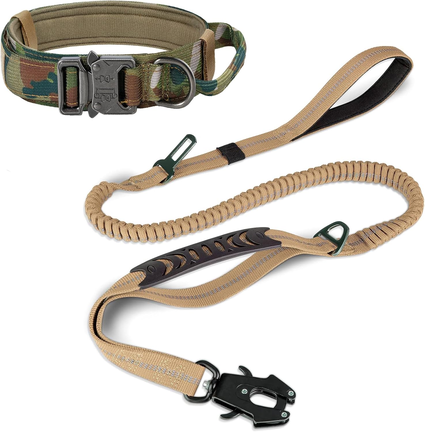 Tactical Dog Collar 17"-21" and Leash Set, Shock Absorbing Bungee Adjustable Strong Collar with Handle for Large Dogs Camouflage, L -