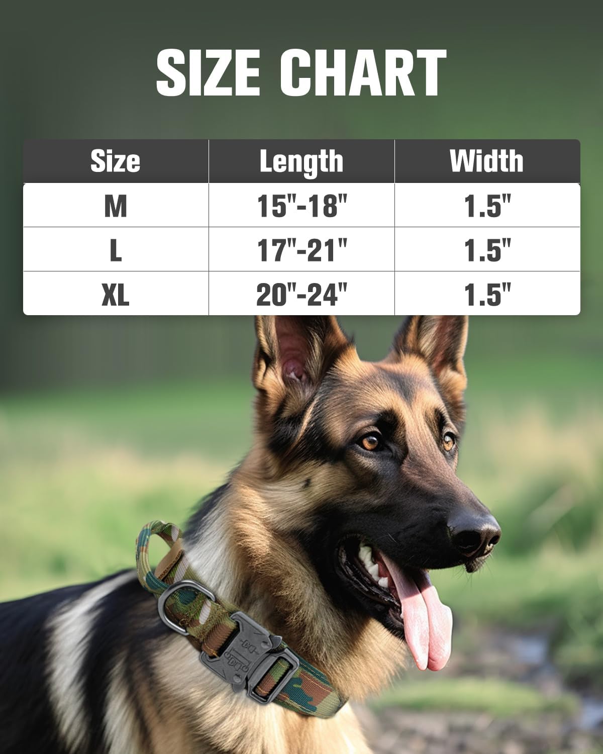 Tactical Dog Collar 17"-21" and Leash Set, Shock Absorbing Bungee Adjustable Strong Collar with Handle for Large Dogs Camouflage, L -