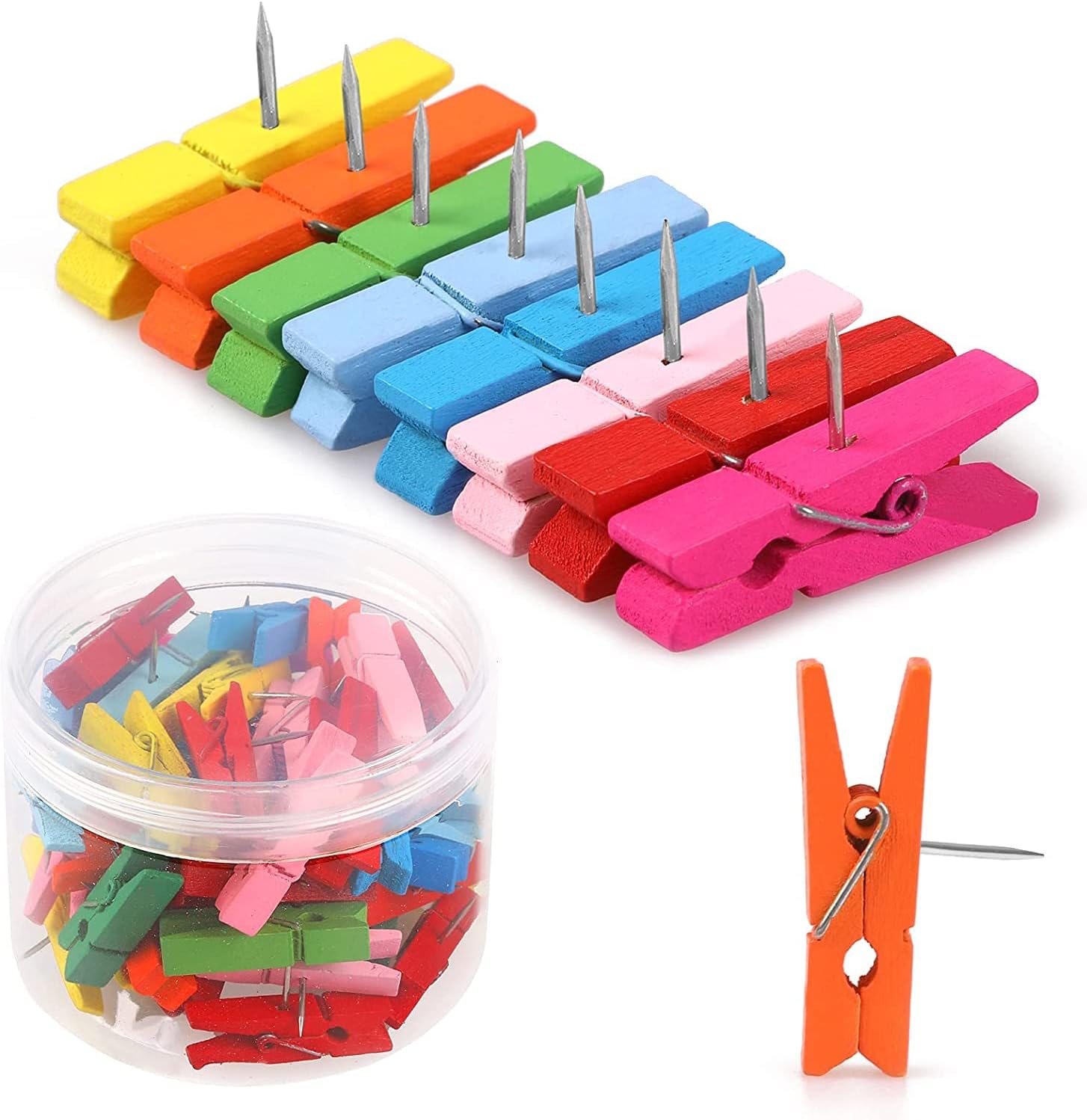 50 PCS Colorful Push Pin with Wooden Clips, Durable, Decorative Pushpins Tacks Thumbtacks for Cork Board Artworks Notes Photos, Craft Projects, Offices and Homes 8 Colors -
