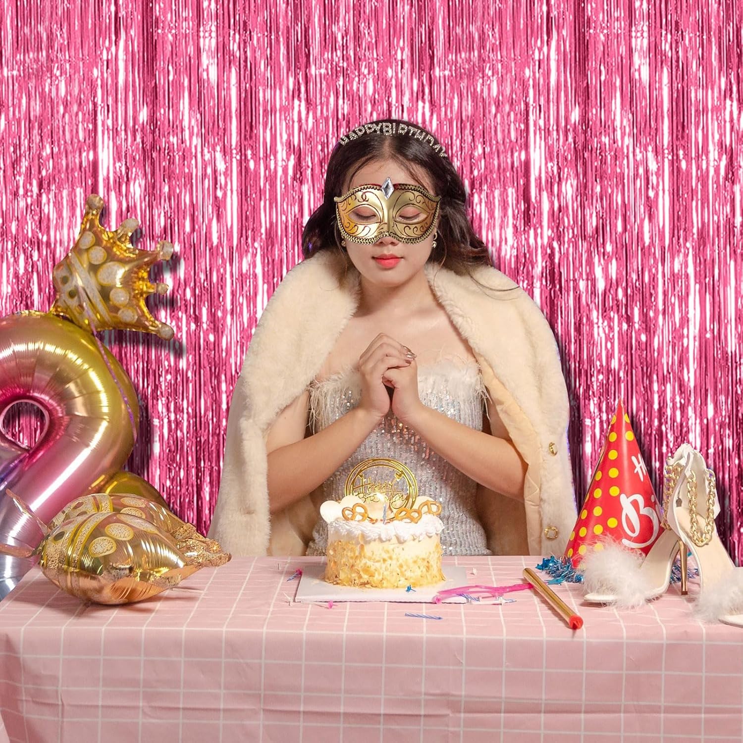 2 Pack Pink Backdrop Party Decorations Tinsel Curtain Foil Fringe Birthday Photo Booth Streamer Theme Bachelorette Graduation Decor 39.4"W x 78.7"L Pack of 2