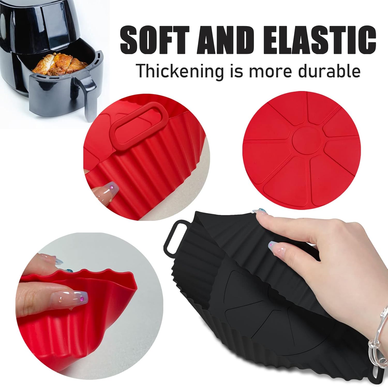 Air Fryer Silicone Liners Pot,8 inch Basket Liners, Baking Tray Pots for 3 to 5 Qt fryer Oven Reusable Accessories Red+Black -