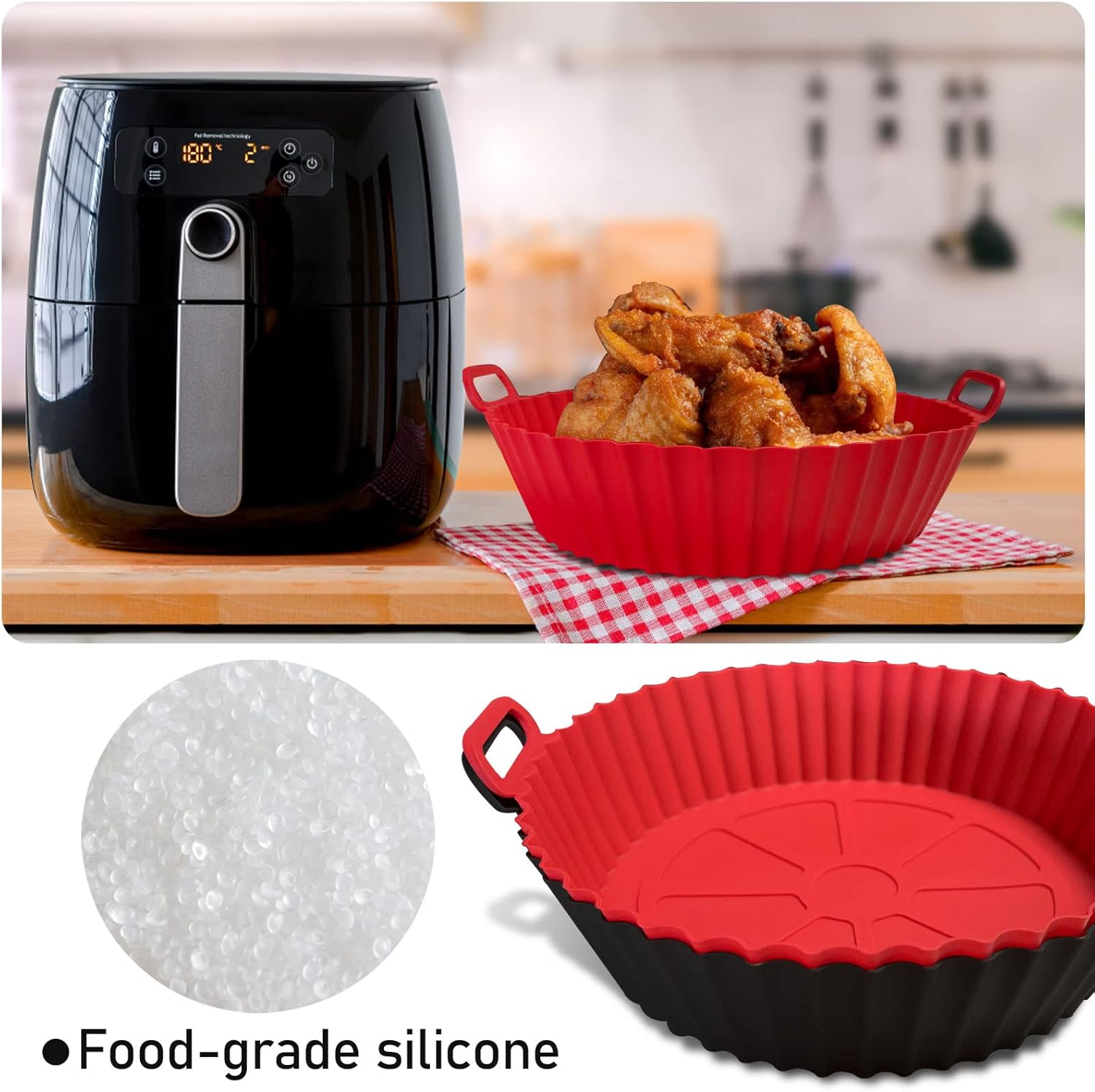 Air Fryer Silicone Liners Pot,8 inch Basket Liners, Baking Tray Pots for 3 to 5 Qt fryer Oven Reusable Accessories Red+Black -