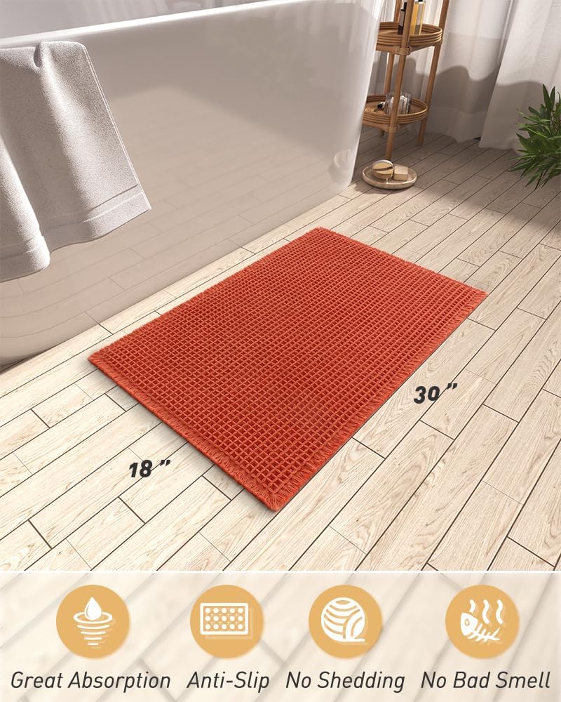 Upgraded Waffle Bath Mat, Super Absorbent Non Slip Mats for Bathroom Floor, Machine Washable Rugs with Tassels, Rubber Backed Mats, Ultra Soft, 18" x 30", Orange -