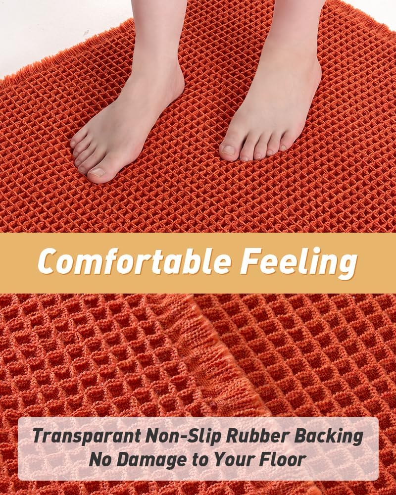 Upgraded Waffle Bath Mat, Super Absorbent Non Slip Mats for Bathroom Floor, Machine Washable Rugs with Tassels, Rubber Backed Mats, Ultra Soft, 18" x 30", Orange -