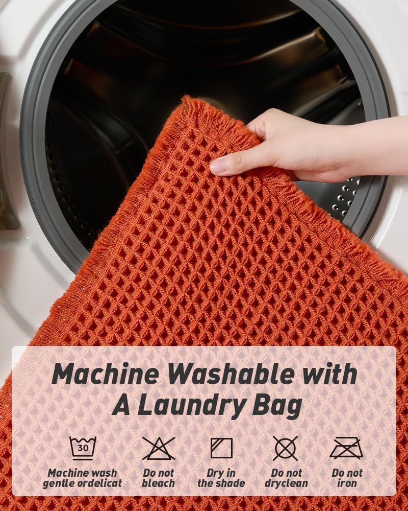 Upgraded Waffle Bath Mat, Super Absorbent Non Slip Mats for Bathroom Floor, Machine Washable Rugs with Tassels, Rubber Backed Mats, Ultra Soft, 18" x 30", Orange -