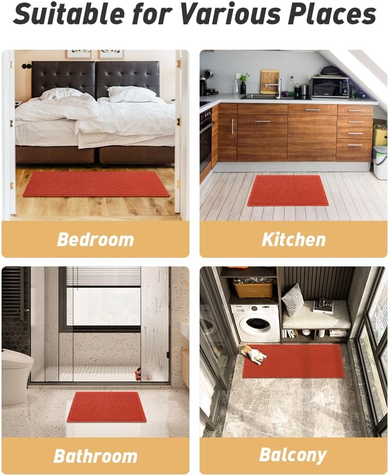Upgraded Waffle Bath Mat, Super Absorbent Non Slip Mats for Bathroom Floor, Machine Washable Rugs with Tassels, Rubber Backed Mats, Ultra Soft, 18" x 30", Orange -
