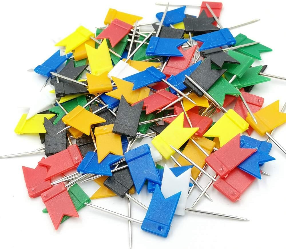 100PCS Map Flag Push Pins, Colorful Tacks with Steel Points - 7 Colors