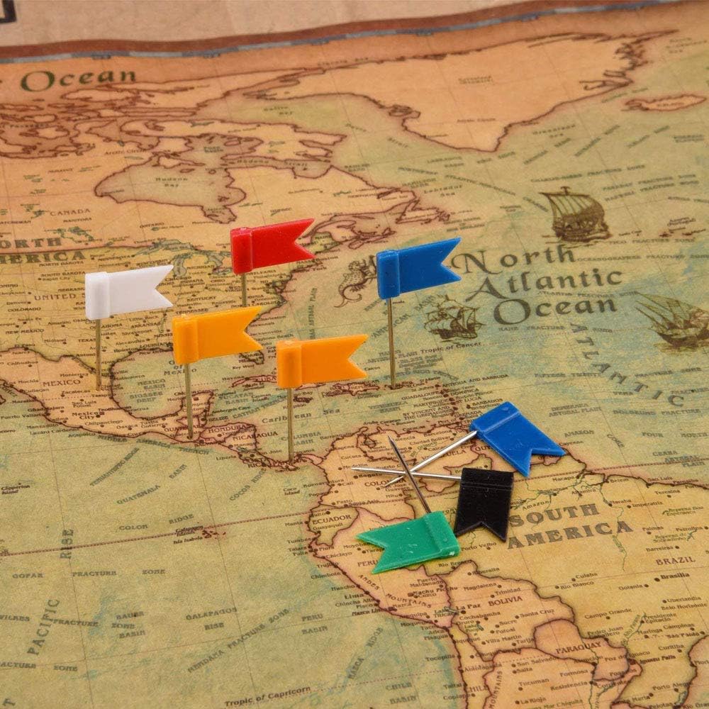 100PCS Map Flag Push Pins, Colorful Tacks with Steel Points - 7 Colors