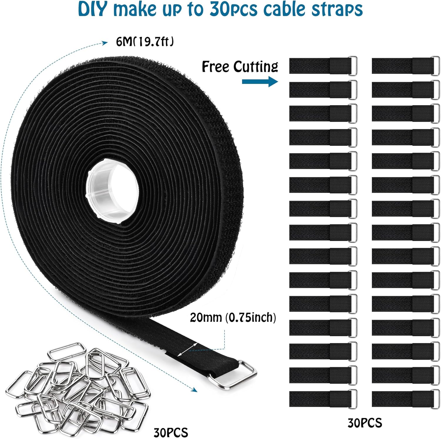 0.75"x19.7ft Hook and Loop Straps with 30 Buckles Adjustable Cut-to-Length Cable Ties - Reusable Nylon Fastening Tape for Storage or Organization 0.75in x 19.7ft 0.75in 19.7ft