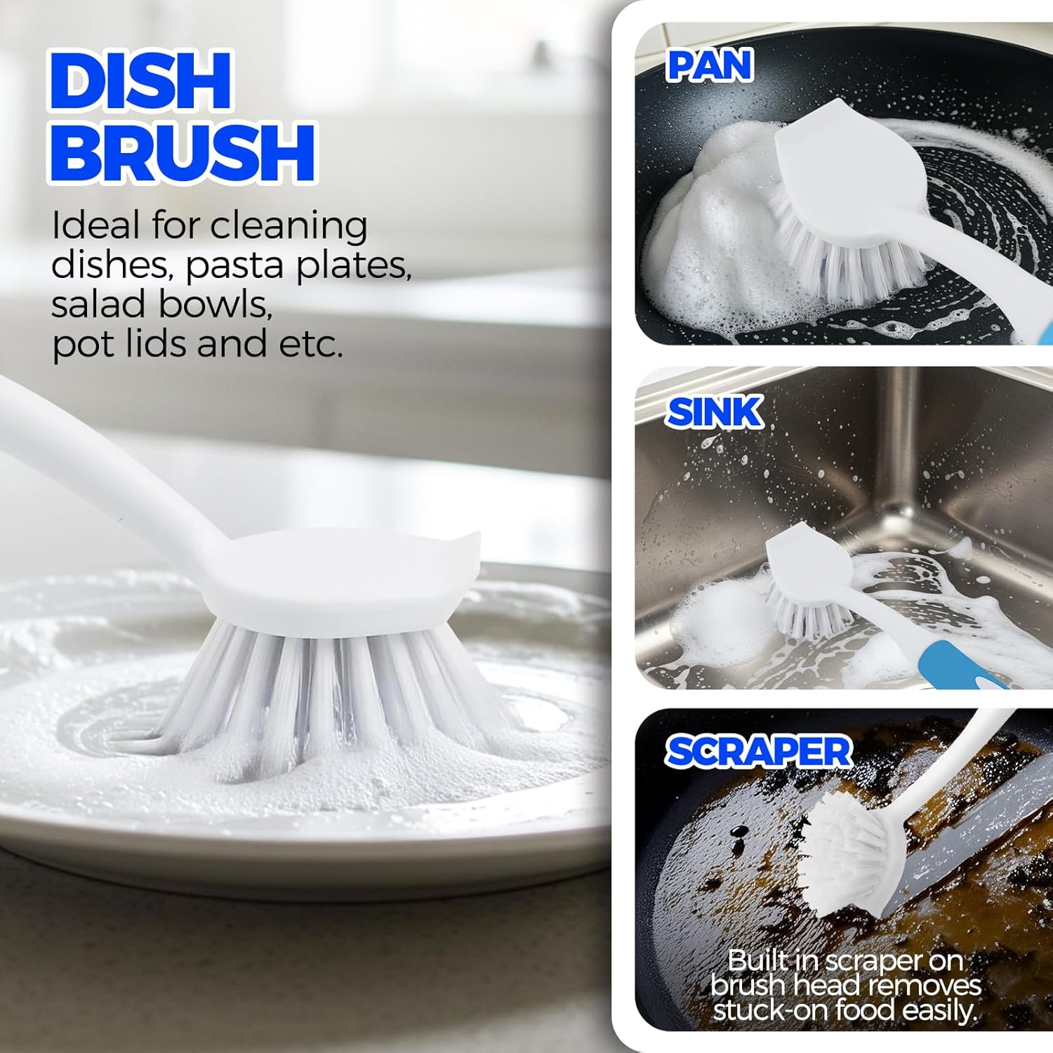 6 Pack Dish Brush Set with Bottle Brush, Scrub Pan and 3 Straw Brushes, Deep Cleaning Handle Scraper Tip for Kitchen Sink Dishes Cup Pot Pans Blue -