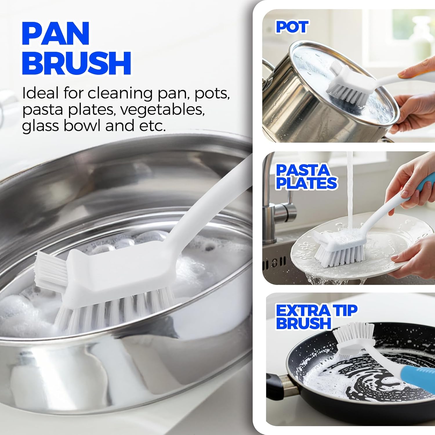 6 Pack Dish Brush Set with Bottle Brush, Scrub Pan and 3 Straw Brushes, Deep Cleaning Handle Scraper Tip for Kitchen Sink Dishes Cup Pot Pans Blue -