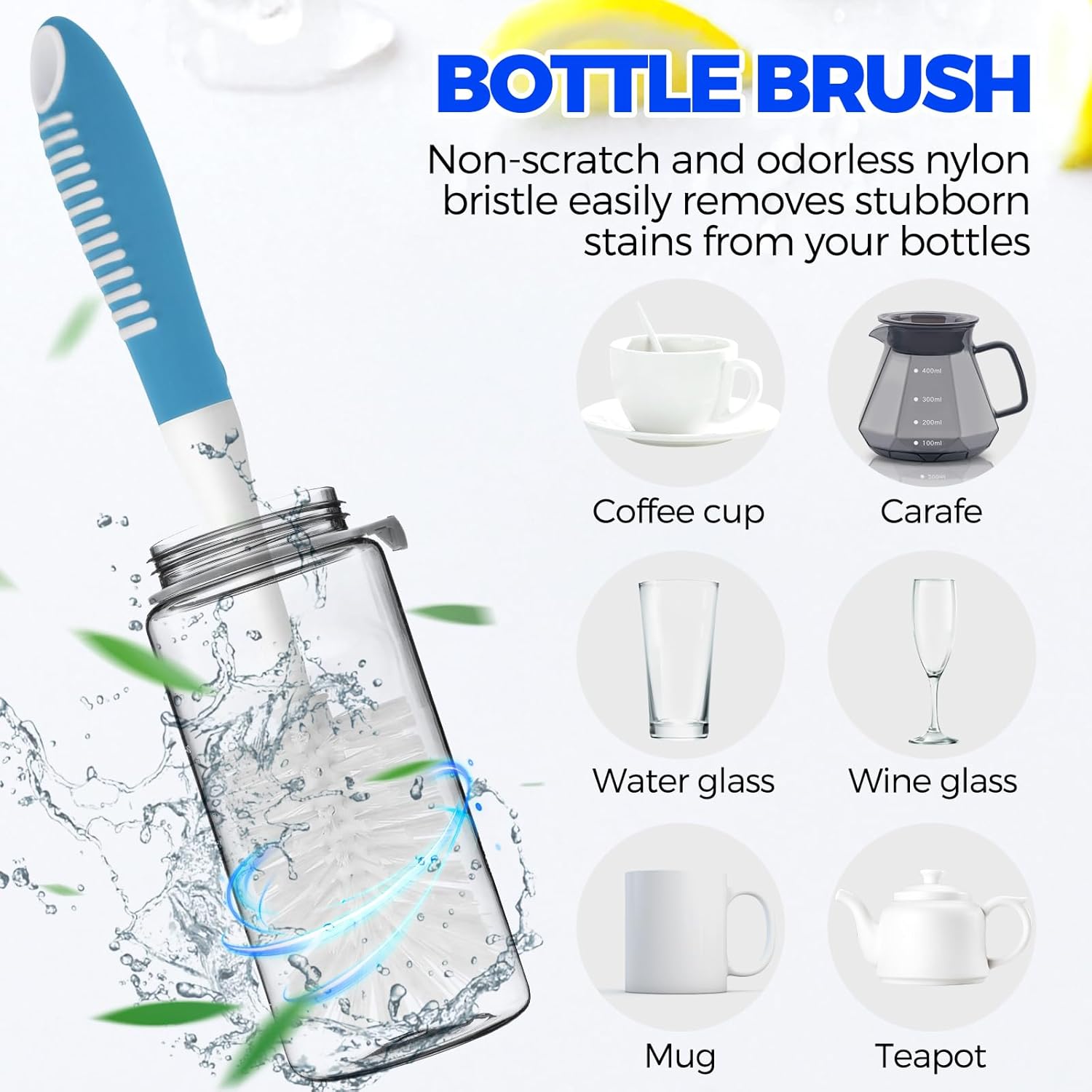 6 Pack Dish Brush Set with Bottle Brush, Scrub Pan and 3 Straw Brushes, Deep Cleaning Handle Scraper Tip for Kitchen Sink Dishes Cup Pot Pans Blue -