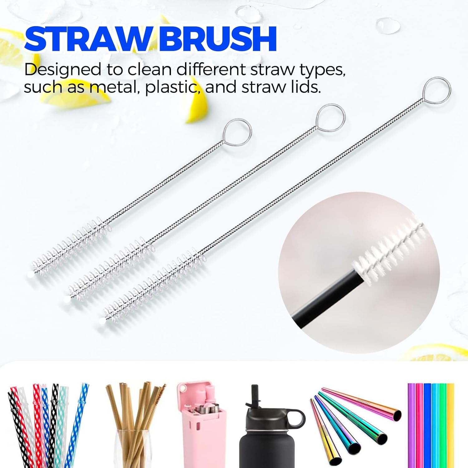 6 Pack Dish Brush Set with Bottle Brush, Scrub Pan and 3 Straw Brushes, Deep Cleaning Handle Scraper Tip for Kitchen Sink Dishes Cup Pot Pans Blue -