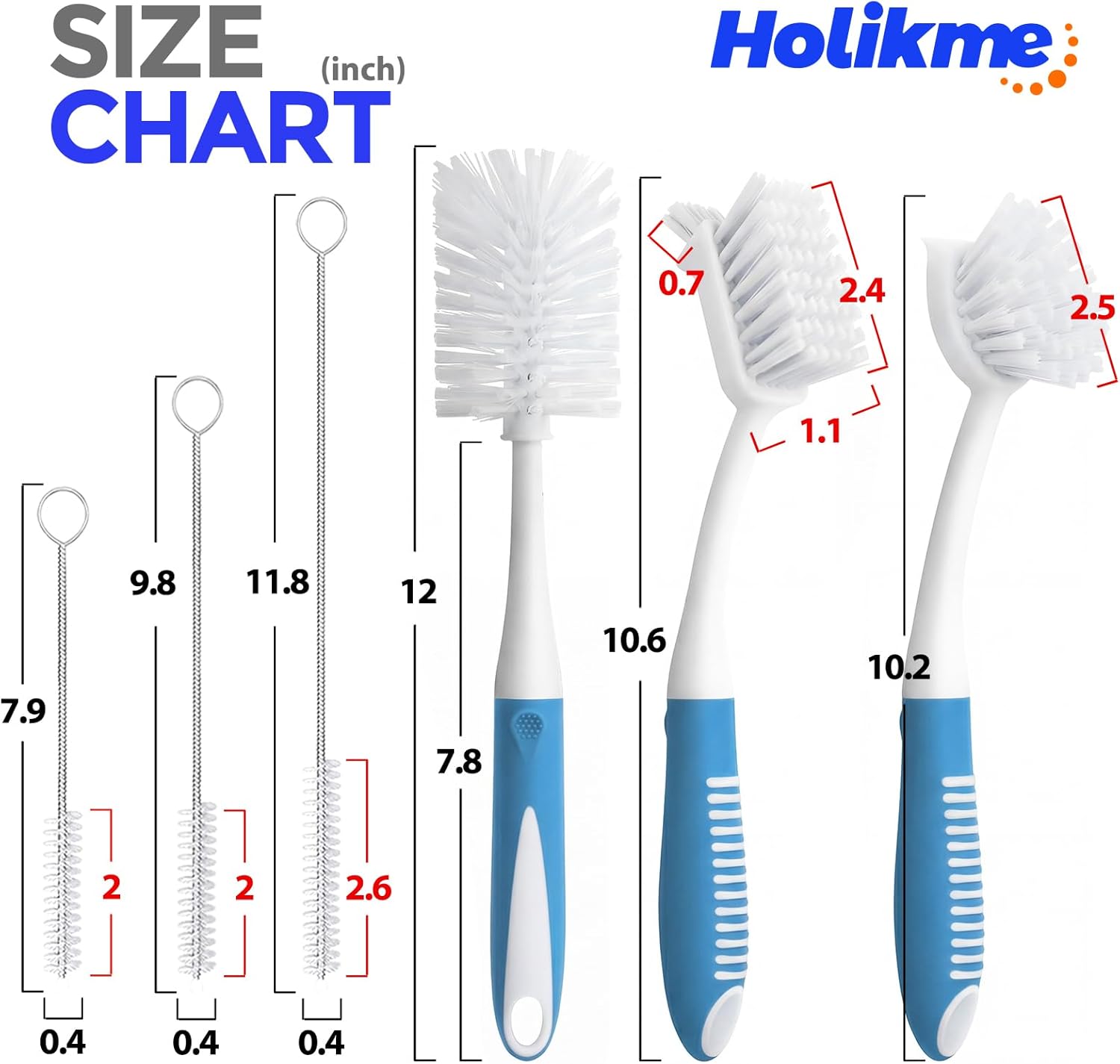 6 Pack Dish Brush Set with Bottle Brush, Scrub Pan and 3 Straw Brushes, Deep Cleaning Handle Scraper Tip for Kitchen Sink Dishes Cup Pot Pans Blue -