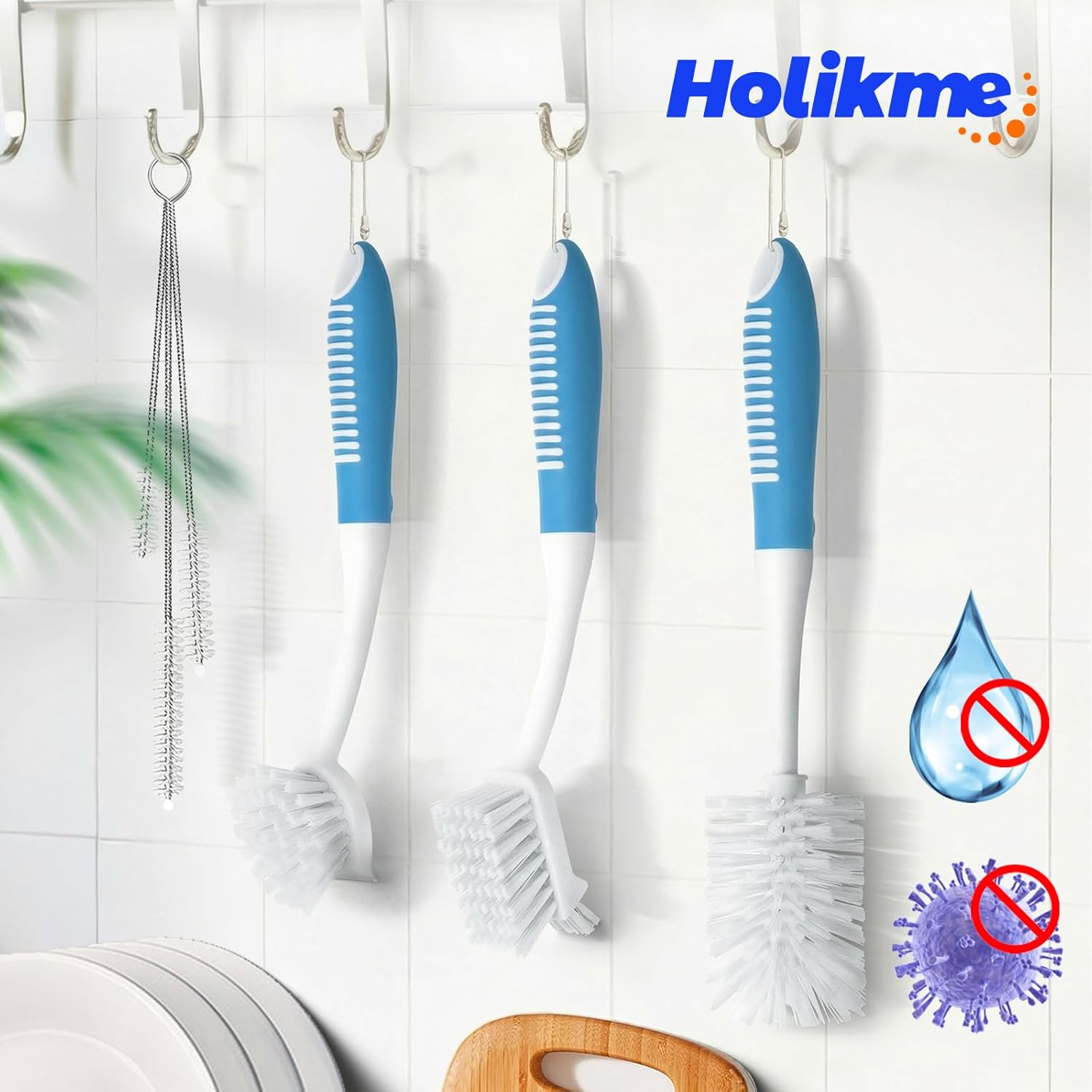 6 Pack Dish Brush Set with Bottle Brush, Scrub Pan and 3 Straw Brushes, Deep Cleaning Handle Scraper Tip for Kitchen Sink Dishes Cup Pot Pans Blue -