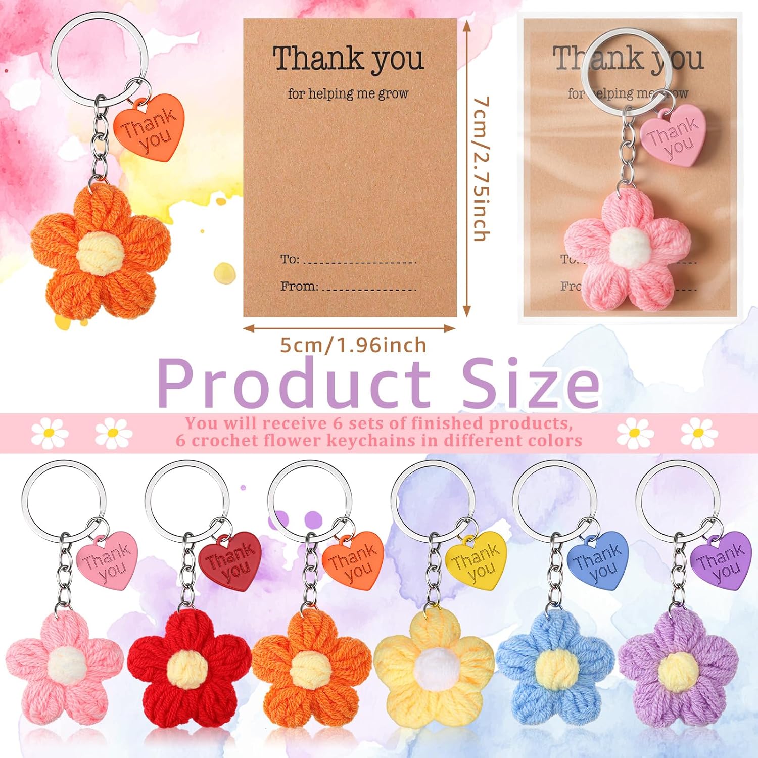 Graduation Teacher Appreciation Gift Bulk Crochet Flower Keychain with Thank You Card for Helping Me Grow Multi Color -
