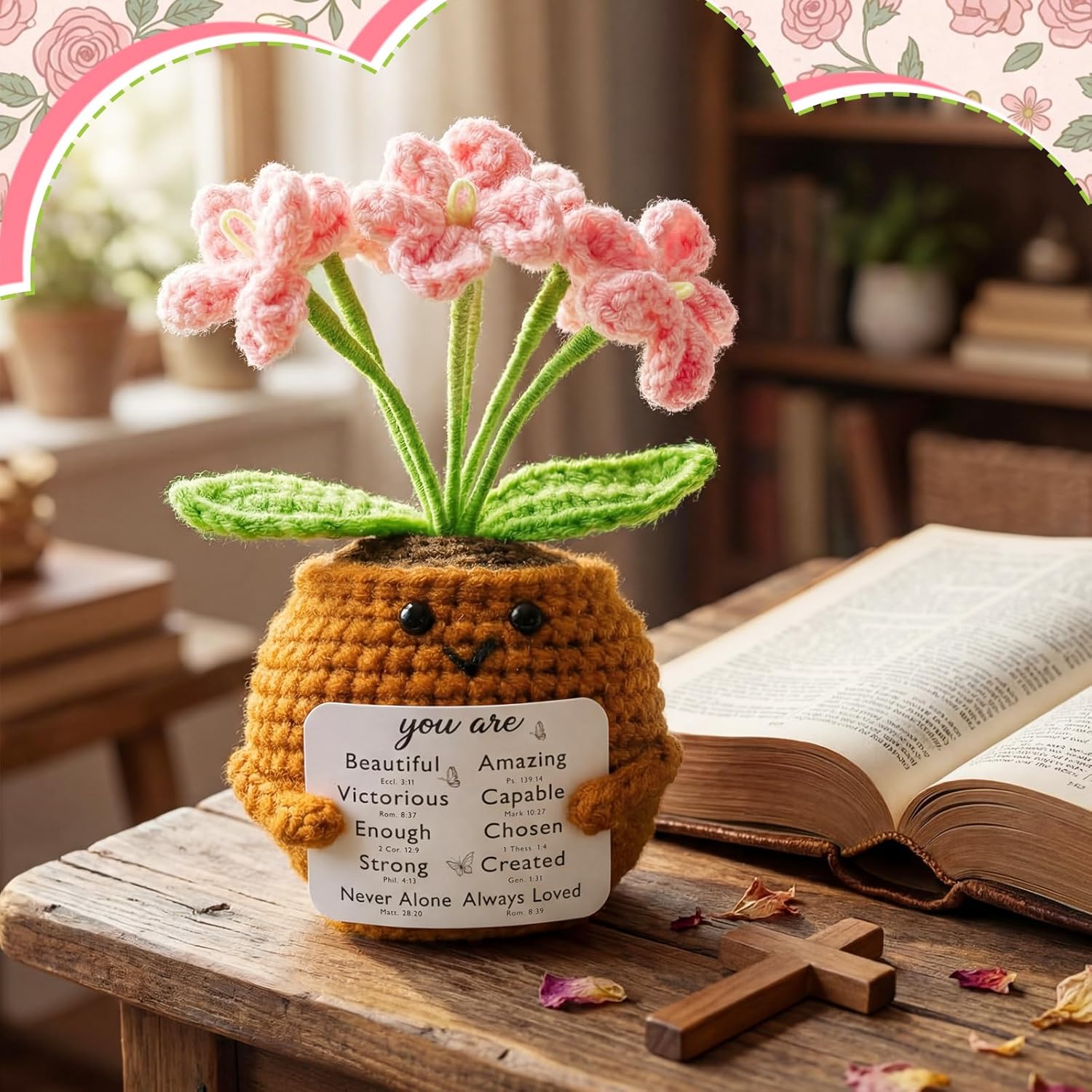 Christian Gift for Women Positive Handmade Crochet Doll with Bible Verse Prayer Card Inspirational Scripture Religious Mother's Day Sunday Group Church Forget Me Nots -