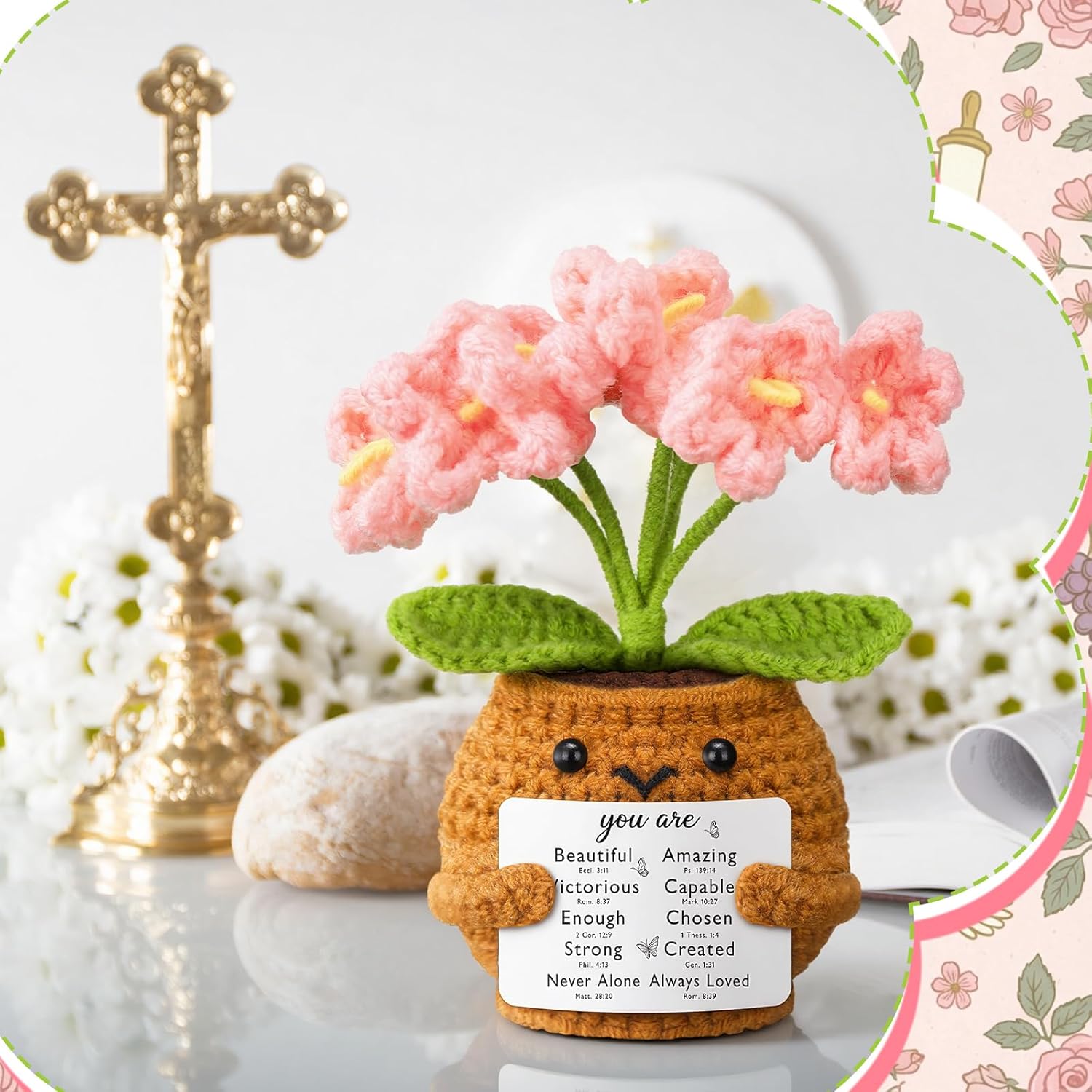 Christian Gift for Women Positive Handmade Crochet Doll with Bible Verse Prayer Card Inspirational Scripture Religious Mother's Day Sunday Group Church Forget Me Nots -