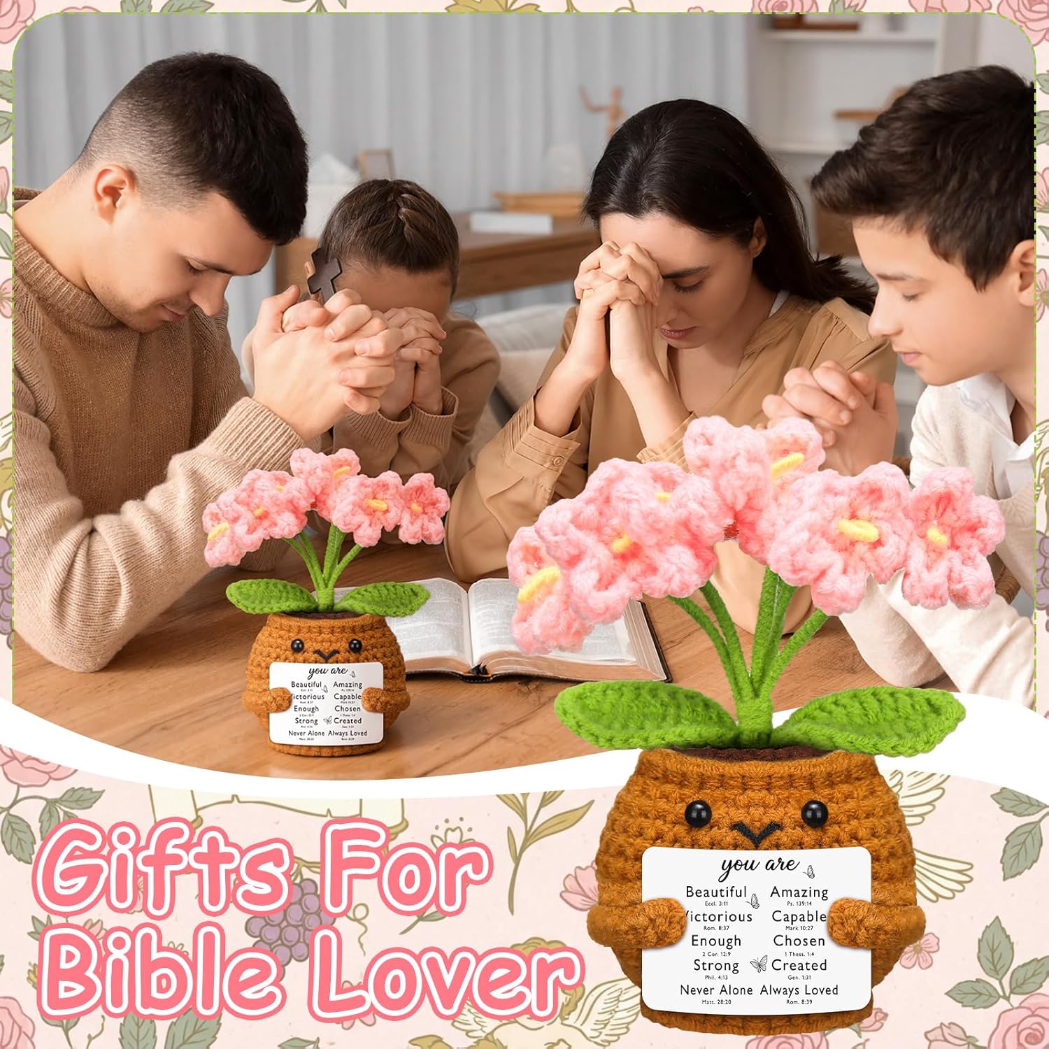 Christian Gift for Women Positive Handmade Crochet Doll with Bible Verse Prayer Card Inspirational Scripture Religious Mother's Day Sunday Group Church Forget Me Nots -