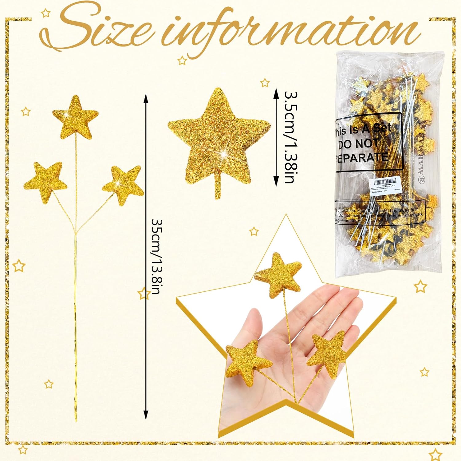 24 Pcs Glitter Star Picks 13.8'' Sparkly Stem Decoration Foam Vase Sticks Centerpiece Table Craft Filler for Wreath Birthday Wedding Bridal Shower Arrangement Gold Gold -