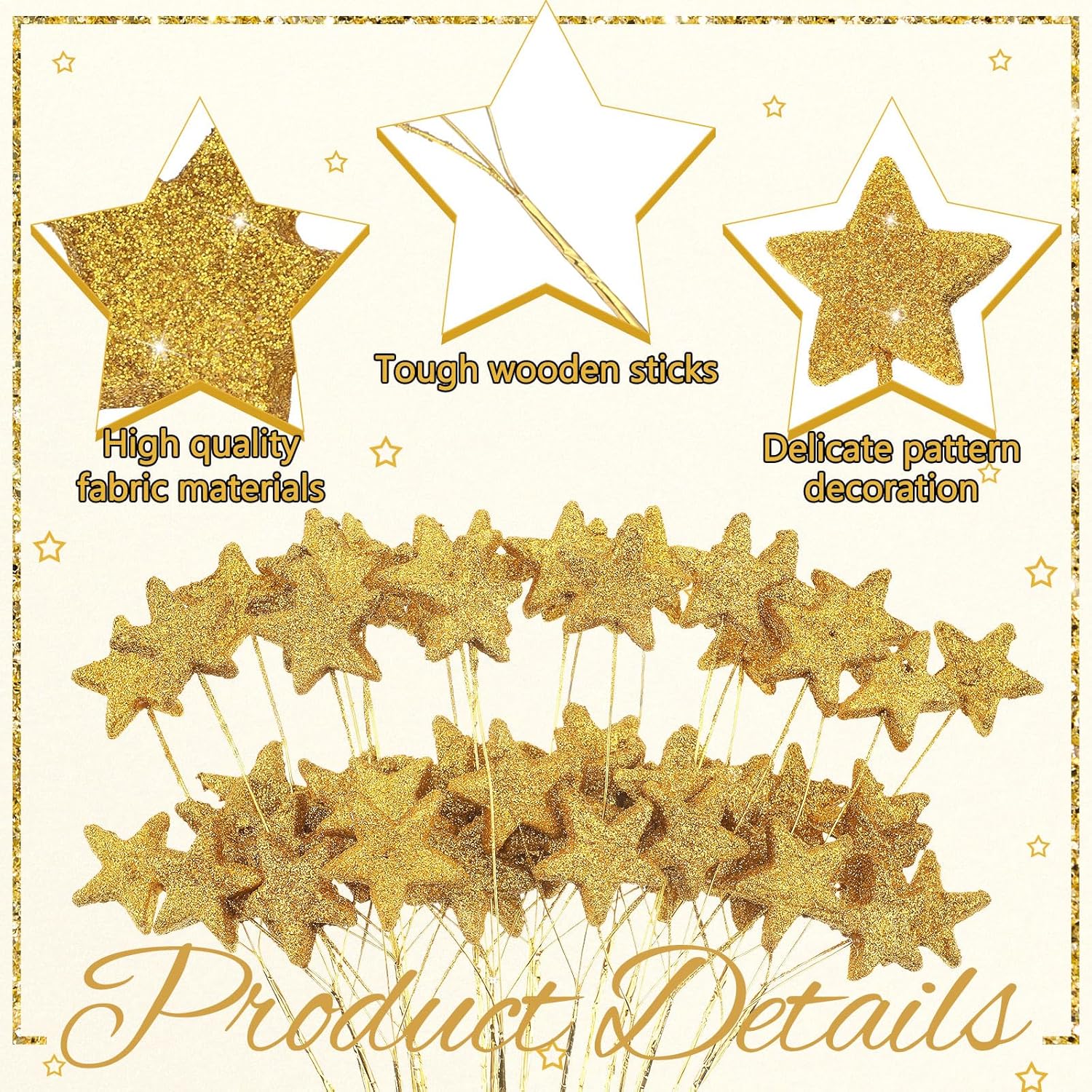 24 Pcs Glitter Star Picks 13.8'' Sparkly Stem Decoration Foam Vase Sticks Centerpiece Table Craft Filler for Wreath Birthday Wedding Bridal Shower Arrangement Gold Gold -
