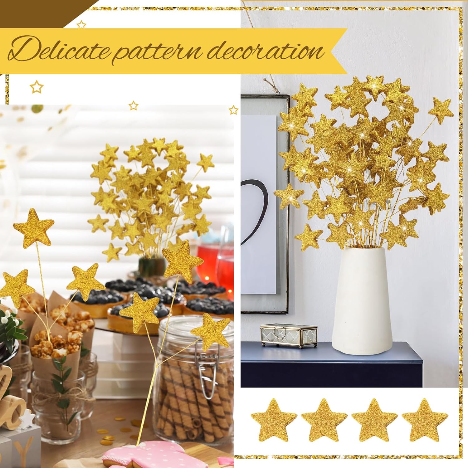 24 Pcs Glitter Star Picks 13.8'' Sparkly Stem Decoration Foam Vase Sticks Centerpiece Table Craft Filler for Wreath Birthday Wedding Bridal Shower Arrangement Gold Gold -