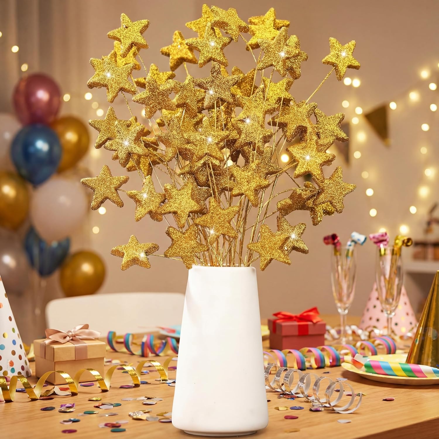 24 Pcs Glitter Star Picks 13.8'' Sparkly Stem Decoration Foam Vase Sticks Centerpiece Table Craft Filler for Wreath Birthday Wedding Bridal Shower Arrangement Gold Gold -